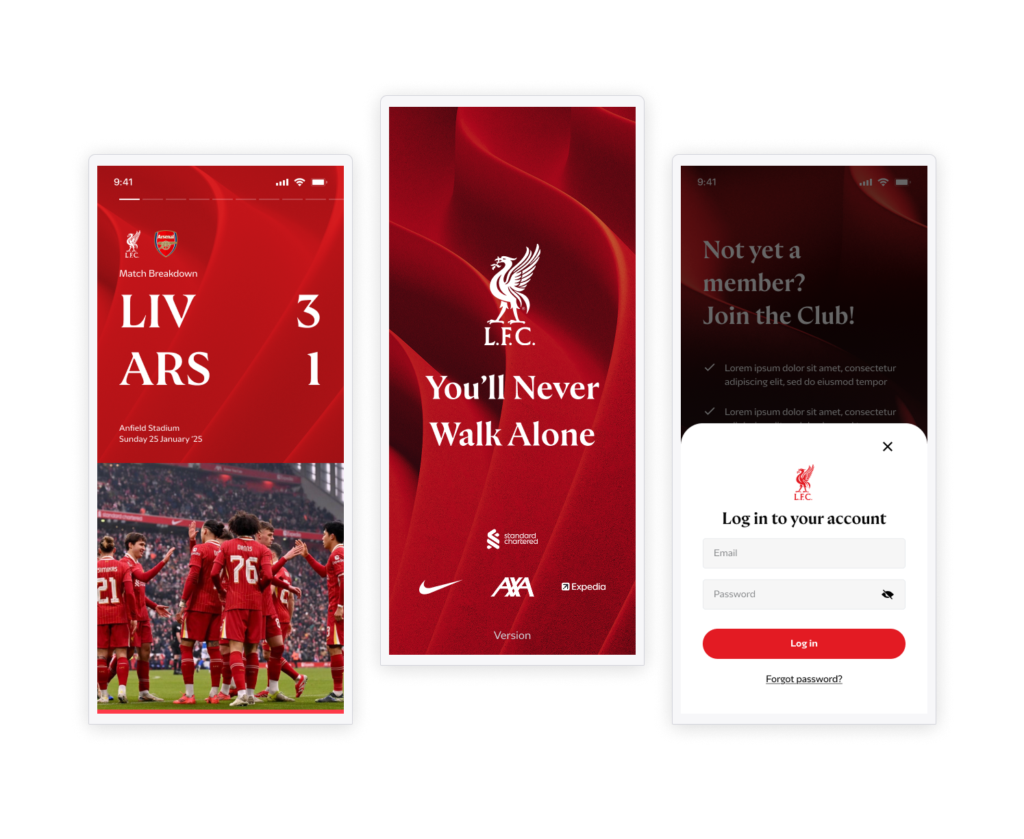 Screenshot of a Liverpool Football Club app showing a match summary, club logo, and login screen with membership information.