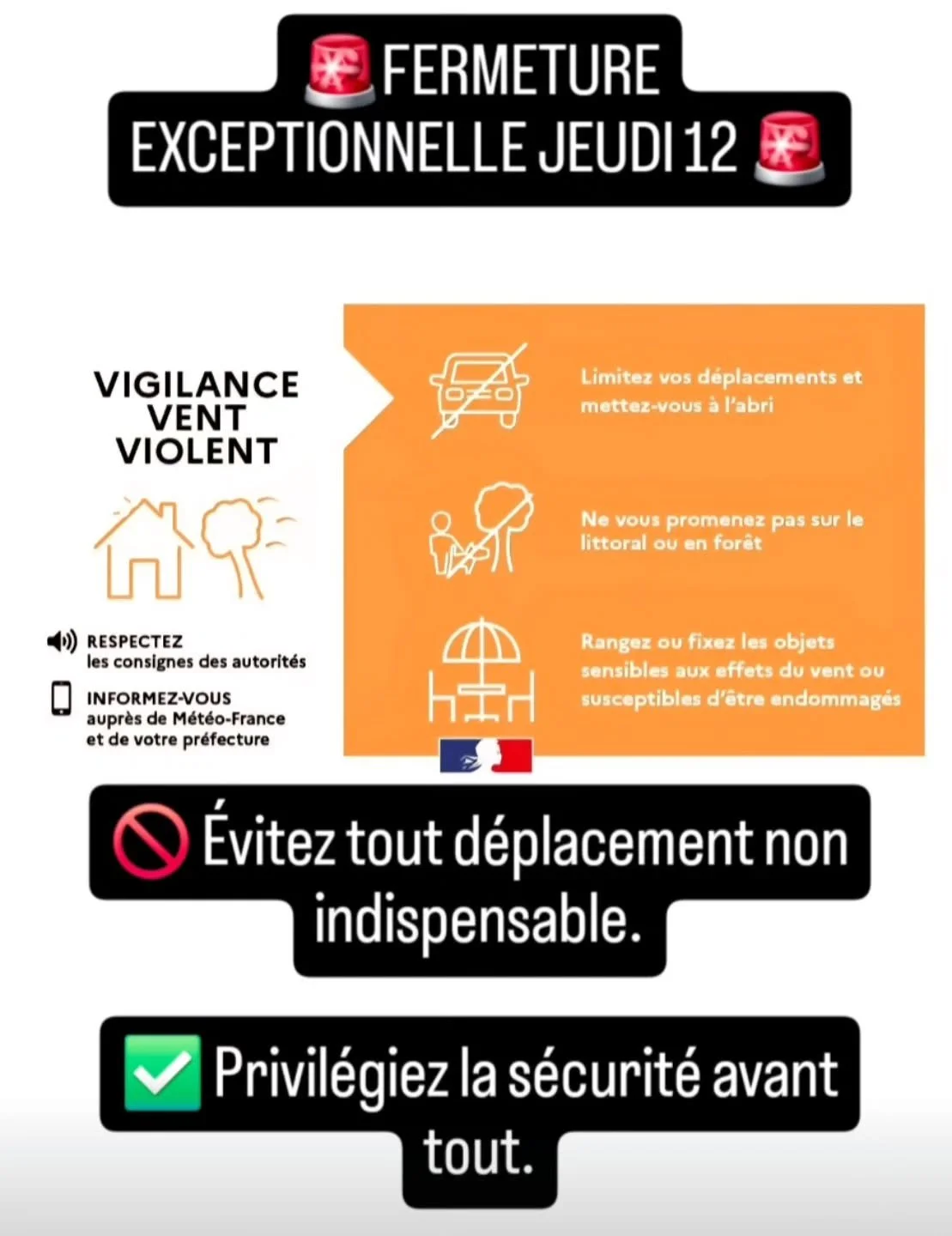 🚨 FERMETURE EXCEPTIONNELLE - jeudi 12-02 🚨

​Chers adh&eacute;rents,
​en raison de l'alerte Vigilance Orange 🟠 &eacute;mise par la pr&eacute;fecture pour vent 💨 violent, nous sommes malheureusement contraints de fermer exceptionnellement notre &e