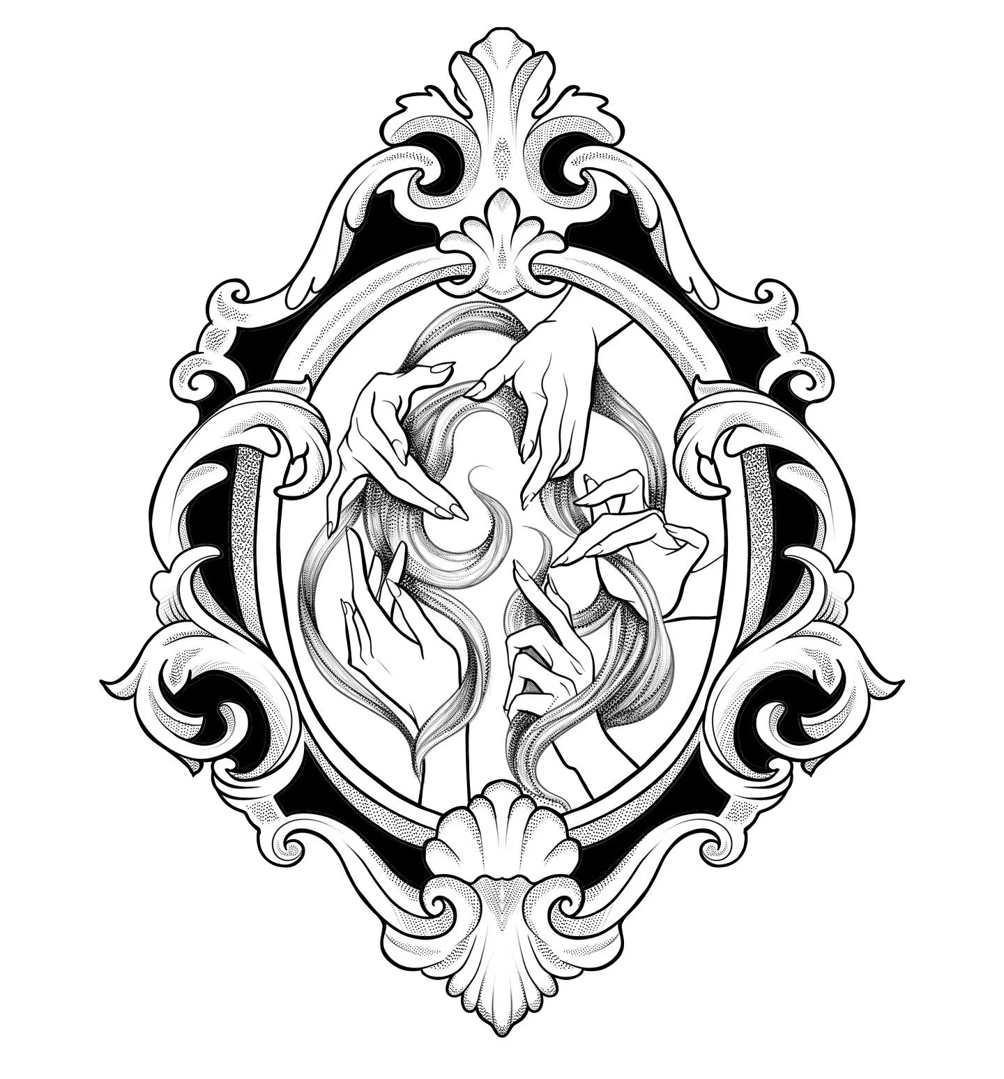 Filigrane H&auml;nde, die Haarstr&auml;hnen halten &ndash; ein Rahmen voller Details und Ausdruck. Dieses Wanna-Do ist bereit f&uuml;r deine Haut. Interesse? Schreib mir!
.
.
.
.
.
.
.
.
.
.
#WannaDo #TattooDesign #FineLineTattoo #GraphicTattoo #Tatt