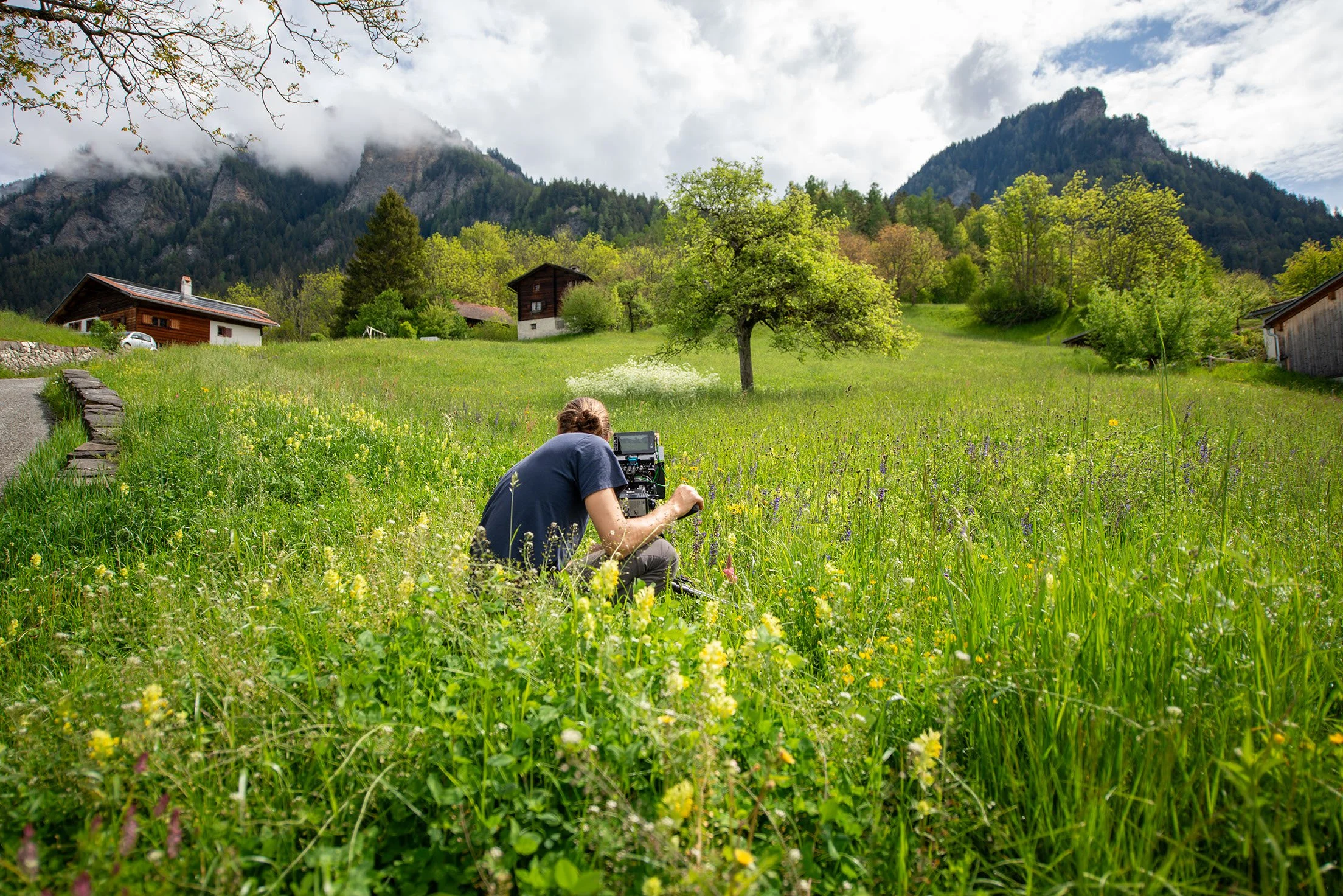 Eine Person, die mit einer Kamera in einem grünen, blühenden Feld im Vordergrund fotografiert, mit Häusern, Bäumen und Bergen im Hintergrund, bei bewölktem Himmel.