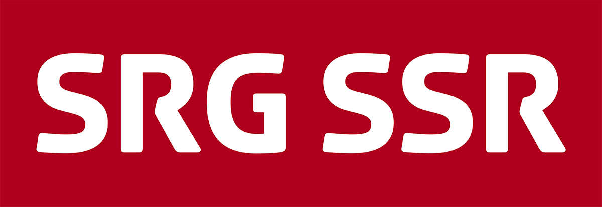 Logo mit roten Hintergrund und weißen Buchstaben 'SRG SSR'.