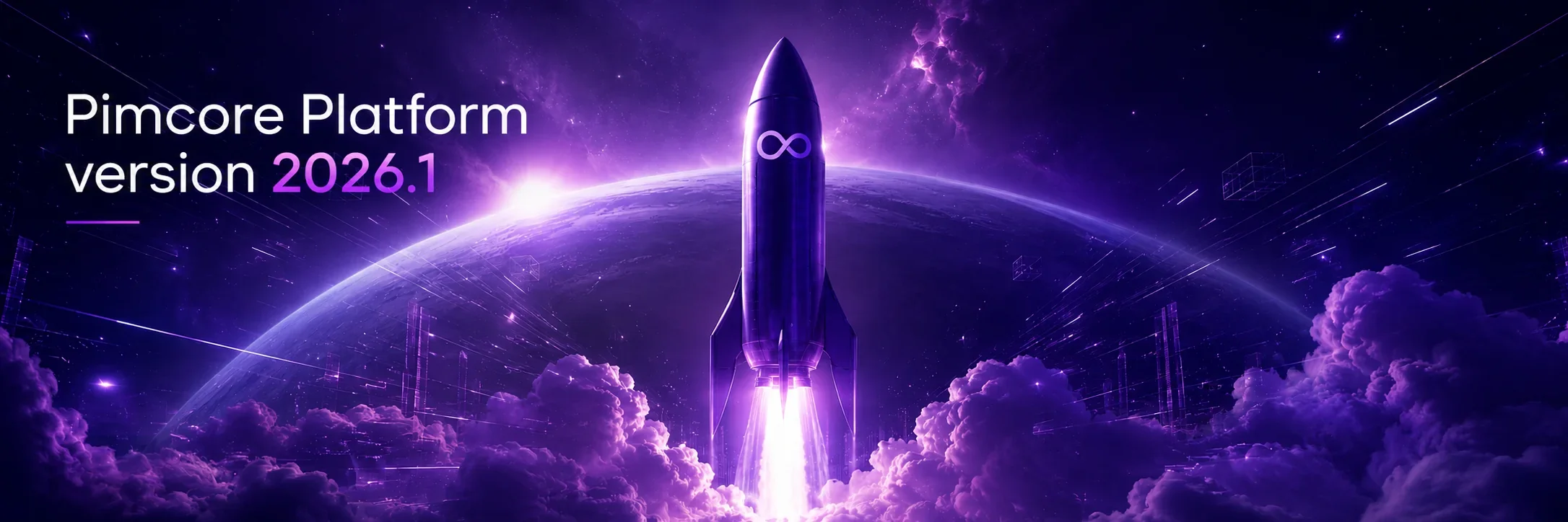Hero image: Raket lyfter med Pimcore logotyp. Pimcore Platform version 2026.1