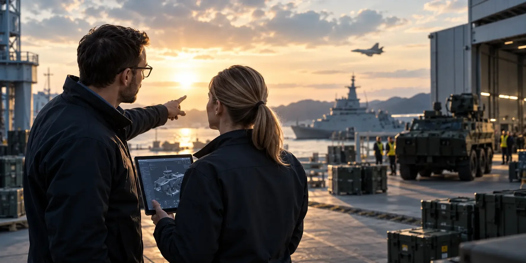 Två personer i en modern försvarsindustriell miljö med produktdata och teknisk information i fokus.