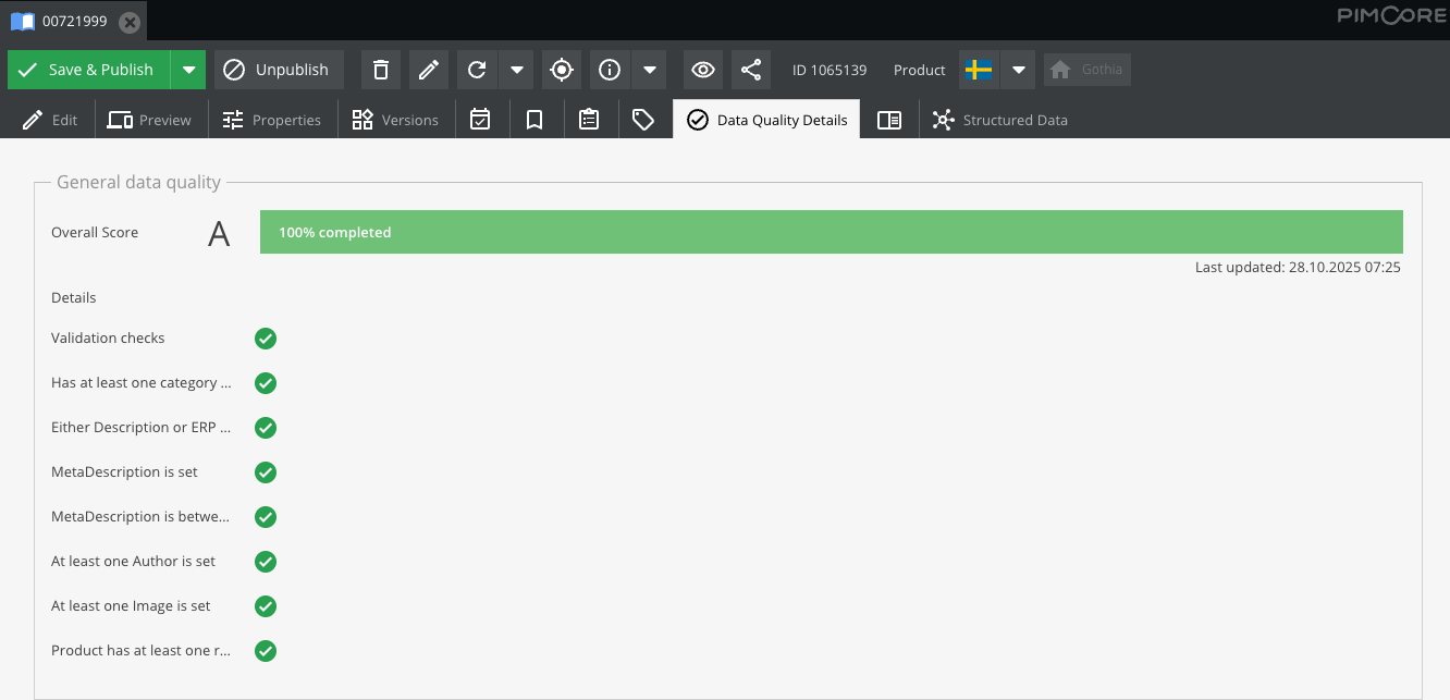 Pimcore visar en produkt med datakvalitetsbetyget A och samtliga valideringskontroller godkända i Data Quality Mangement.
