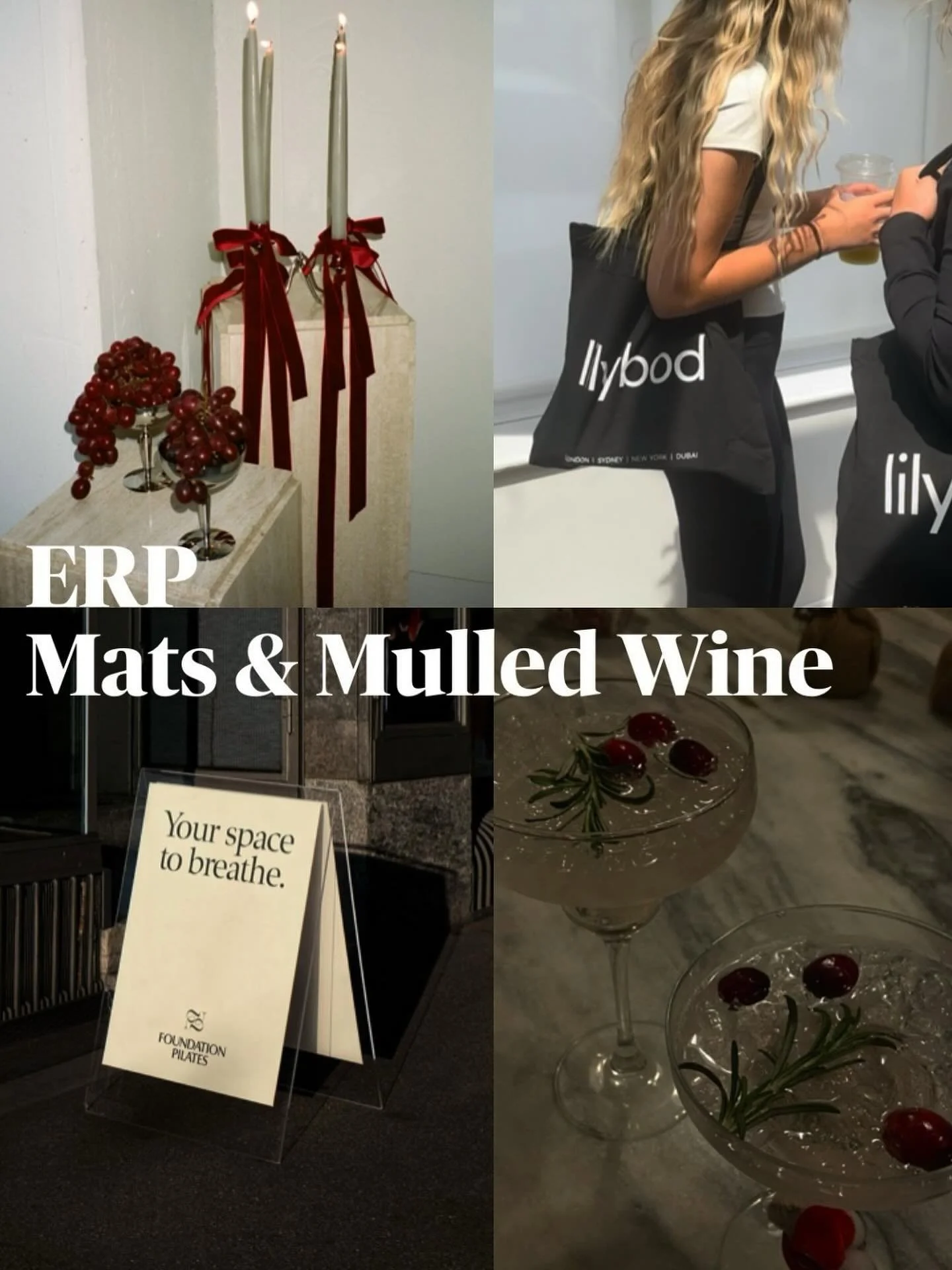 POV: All I want for Christmas is&hellip;. 
ERP MATS &amp; MULLED WINE ✨ 🍷 🌲🌙

Join ERP on Friday 5th December 6pm for a festive wellness evening. 

What&rsquo;s included: 

Welcome Mulled Wine/Festive Prosecco
A full activewear set @lilybod to wea