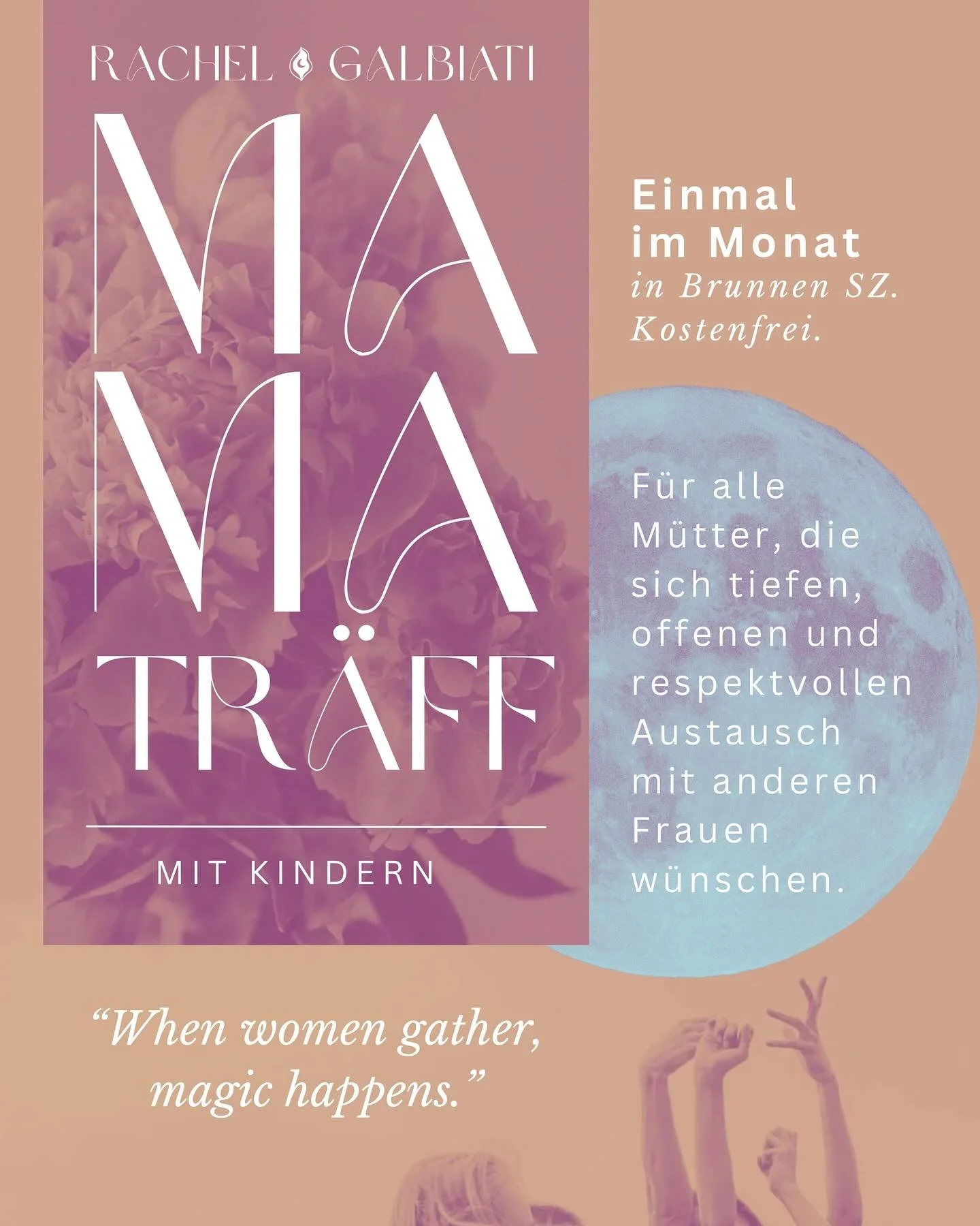 Und wenn wir schon dabei sind&hellip; Hier kommt ein weiteres Herzensprojekt:

Der MAMA Tr&auml;ff.

👶🏼 👦🏼 👧🏼 Mit Kindern. 
✨🌕✨ Ab April, einmal im Monat am Mittwoch Nachmittag um den Vollmond. 
🌿🌷🌳 Bei uns im Garten (bei sch&ouml;nem Wette