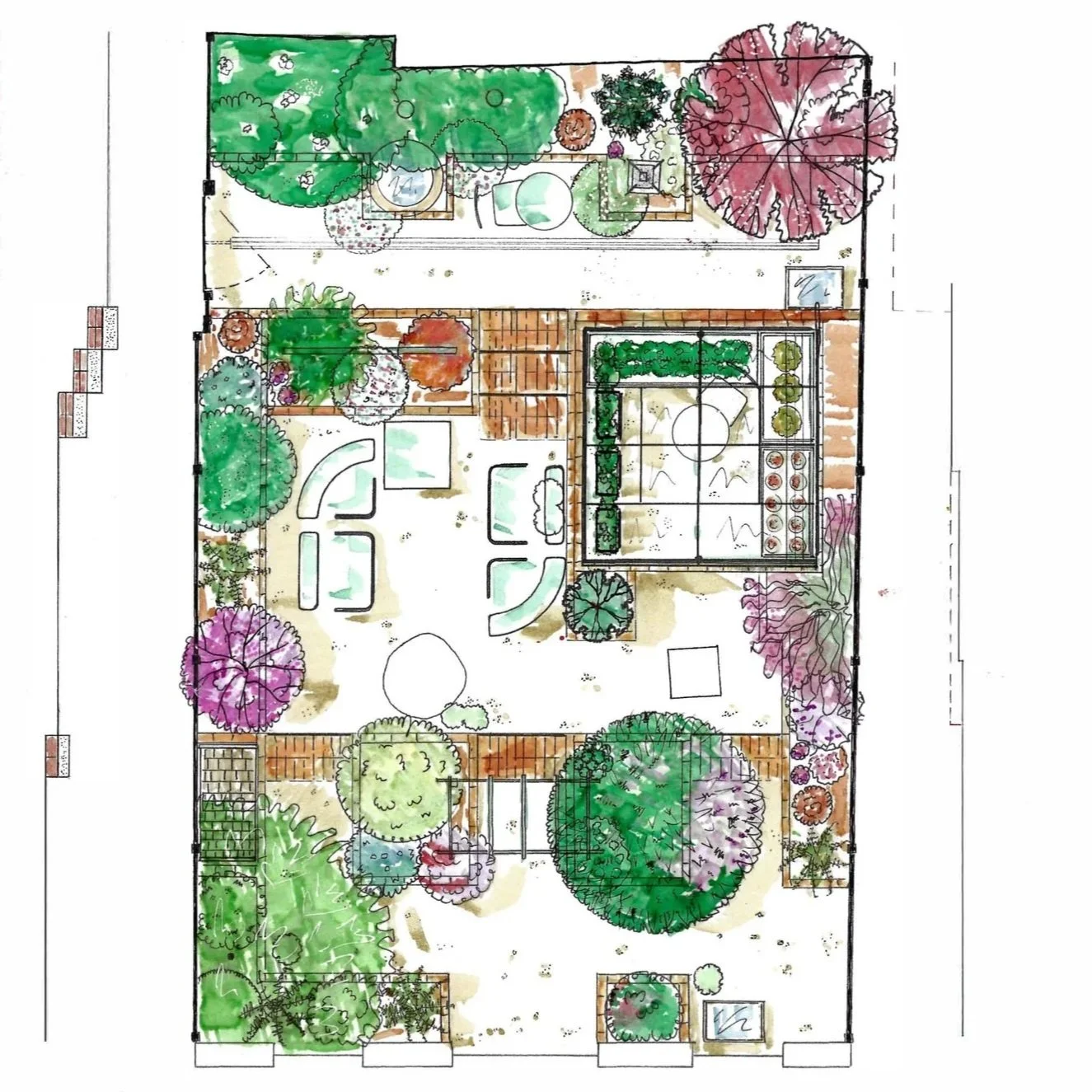 Contemporary new-build garden concept plan featuring naturalistic planting, wildlife-friendly design, productive growing spaces, bespoke shed, greenhouse, and layered outdoor living areas within a compact UK garden.