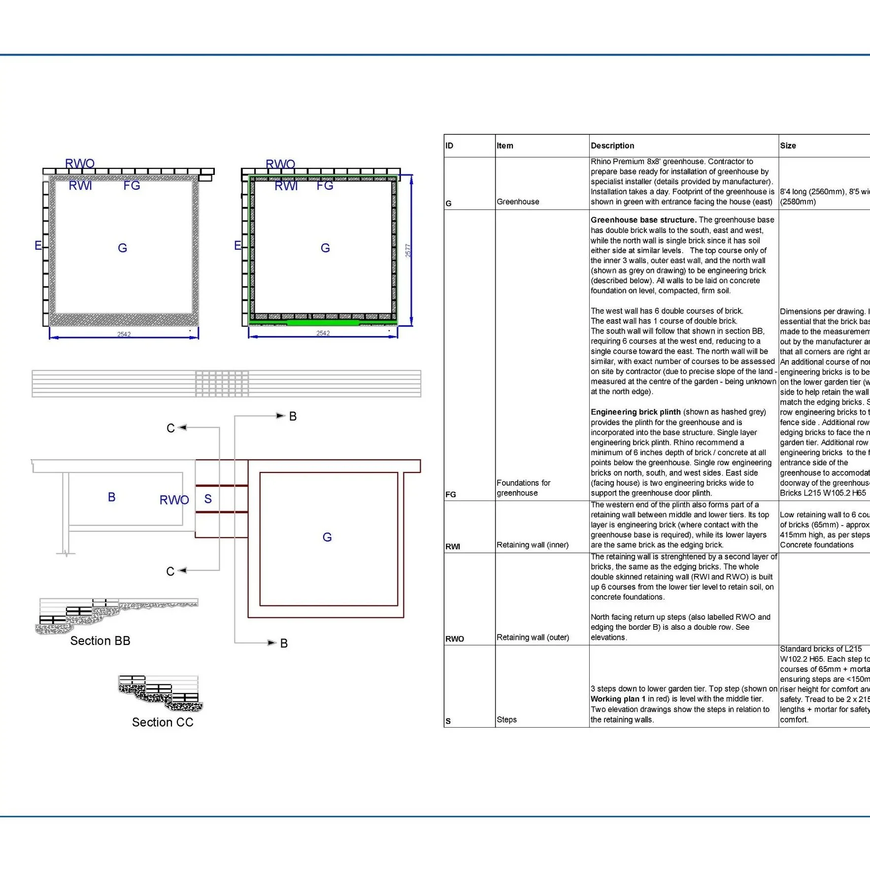 Working plan for construction showing retaining walls and greenhouse base.