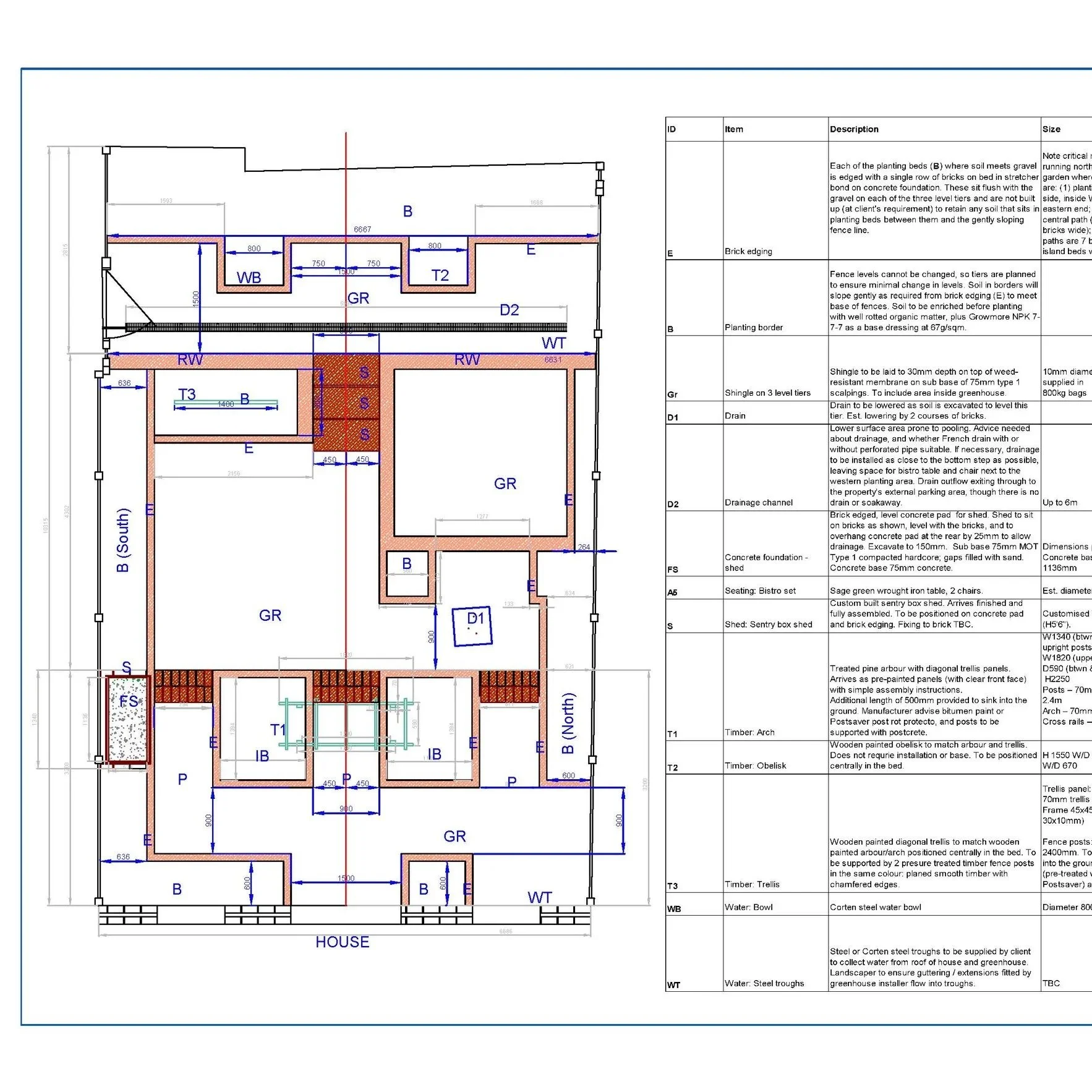Working plan for construction with measurements for layout, as well as measurements for checking.