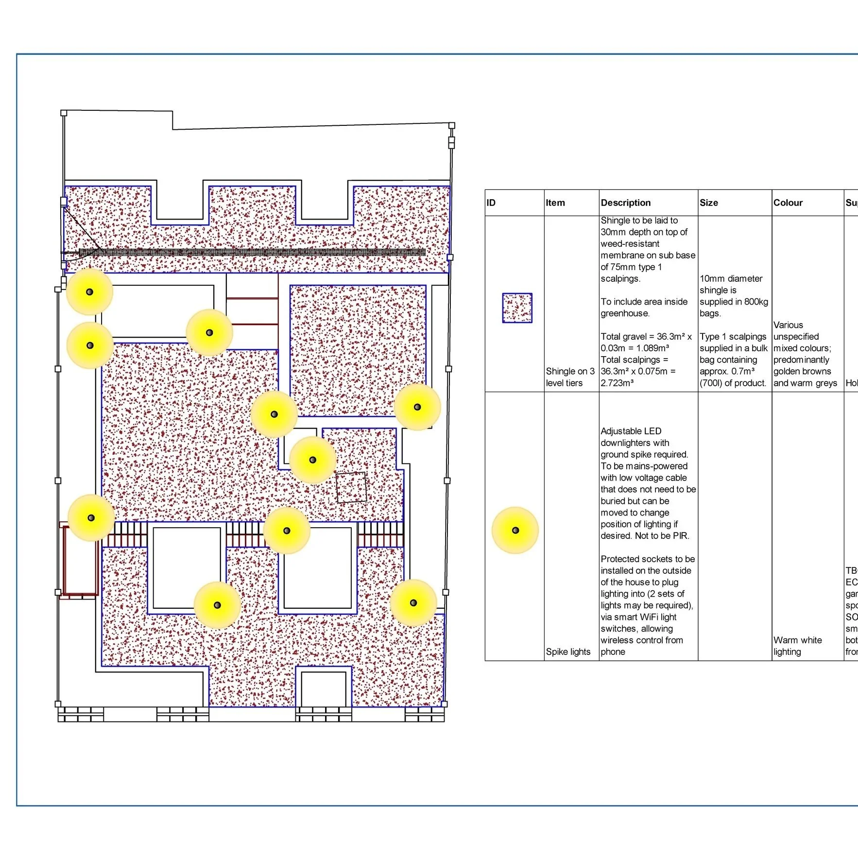 Lighting plan also detailing surface materials for clarity in construction.