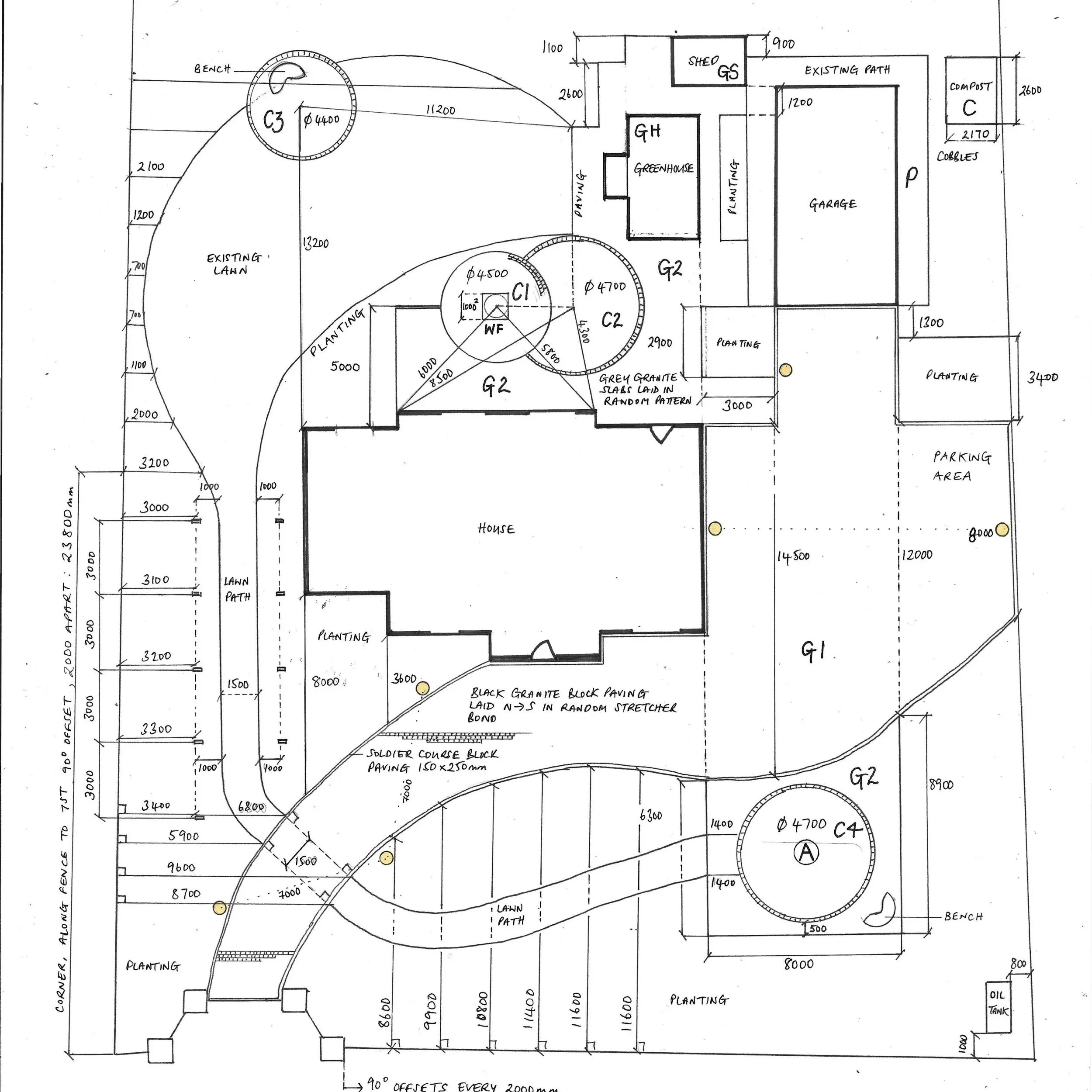Working plan for construction showing measurements of curved beds.
