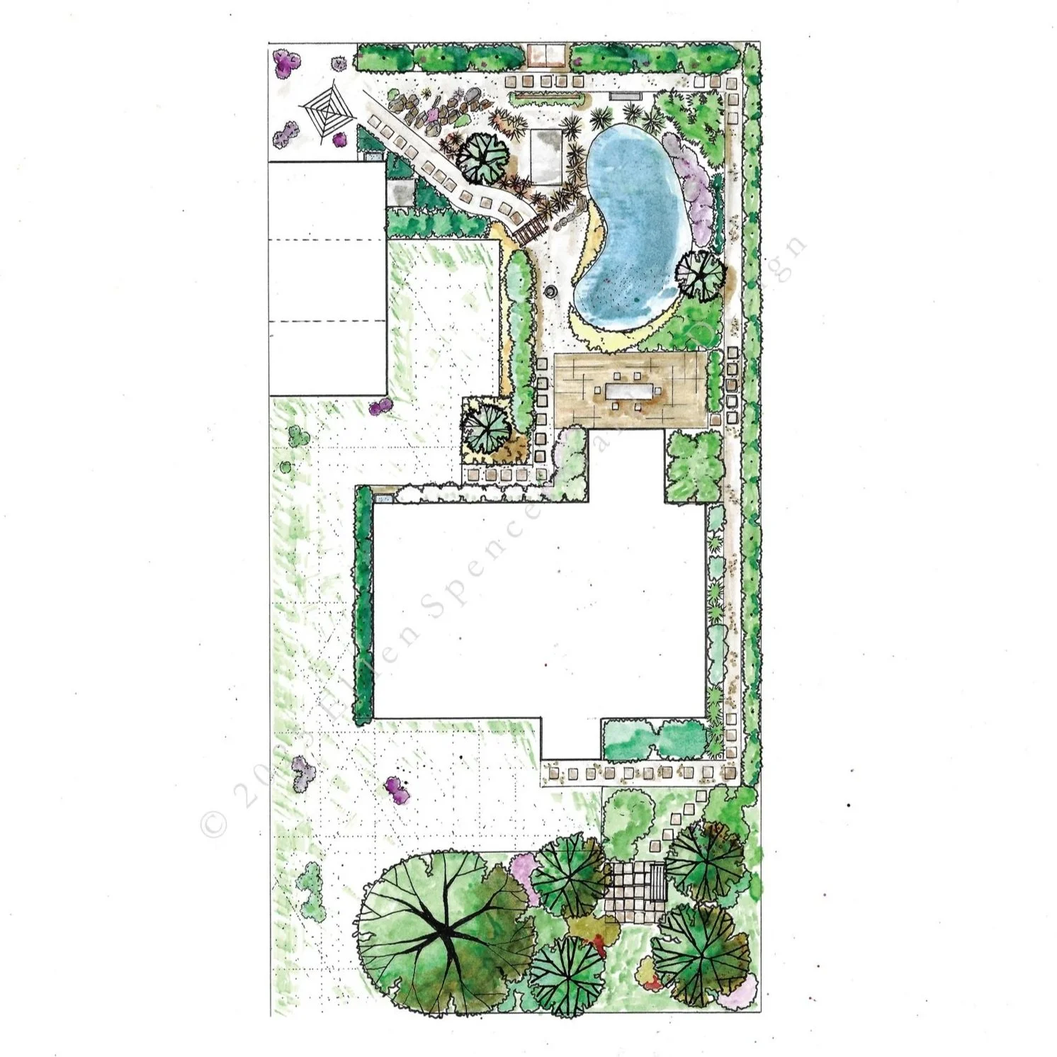 Wildlife garden design creating a beautiful, naturalistic garden with a pond and diverse habitats, designed to support biodiversity and wellbeing.
