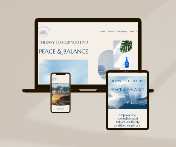 The image shows a website displayed on a laptop, tablet, and smartphone, all showing the same page titled 'Therapy to Help You Find Peace & Balance,' with images of a blue sky, a green leaf, and a blue bottle.