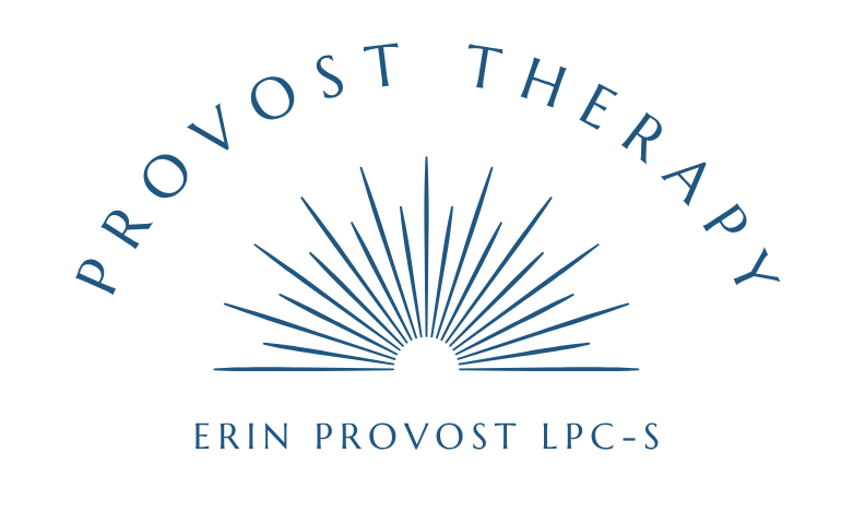 A logo featuring a semi-circle with radiating lines resembling a sunrise or sunset, with the text 'ProVost Therapy' curved above and 'Erin Provost LPC-S' below.