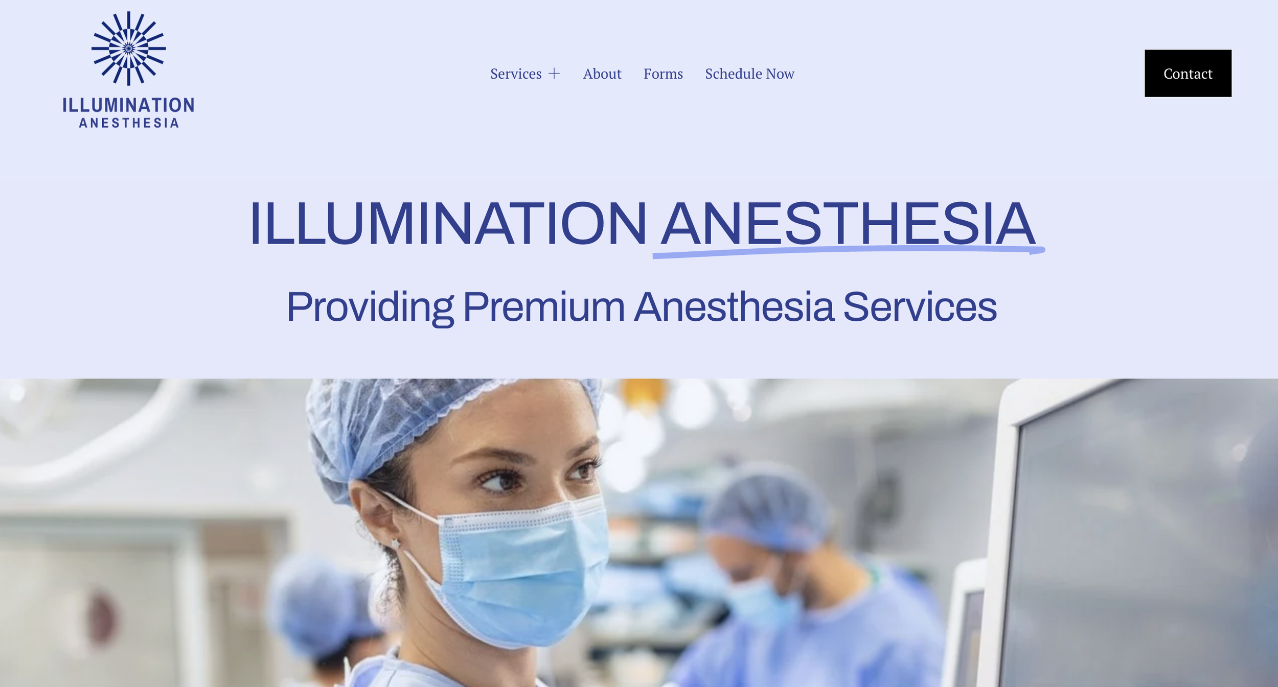 A website homepage for Illumination Anesthesia featuring a medical professional wearing a surgical mask and cap, with other healthcare workers in the background in a clinical setting.
