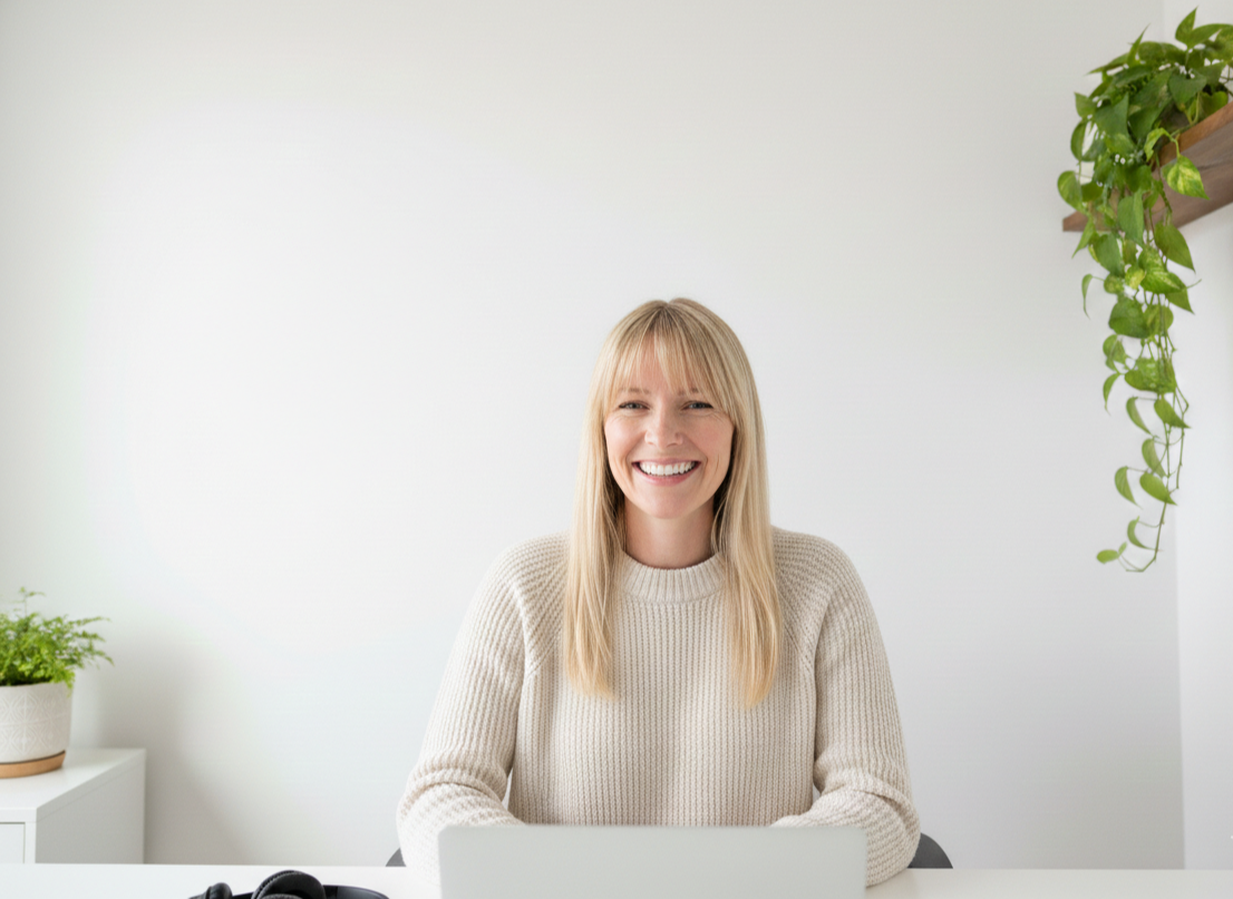 A woman with blonde hair and a beige sweater smiling while sitting at a white desk with a laptop in front of her, with a white wall and a hanging plant in the background.