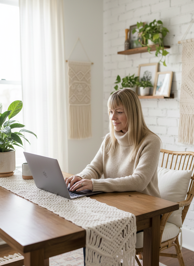 Woman with blonde hair and a beige turtleneck sweater working on a silver laptop at a wooden dining table.