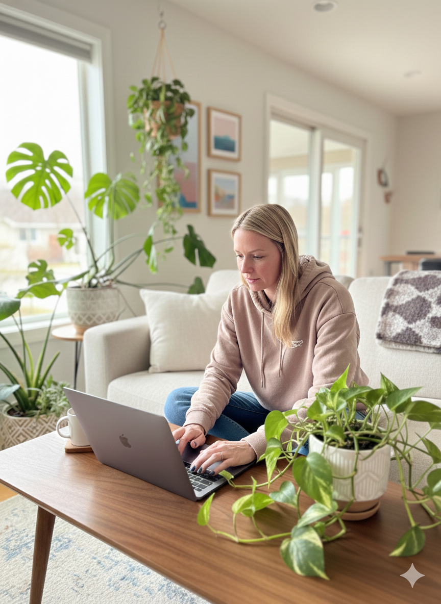 A woman working on a laptop at a wooden table in a bright living room with large windows and houseplants.