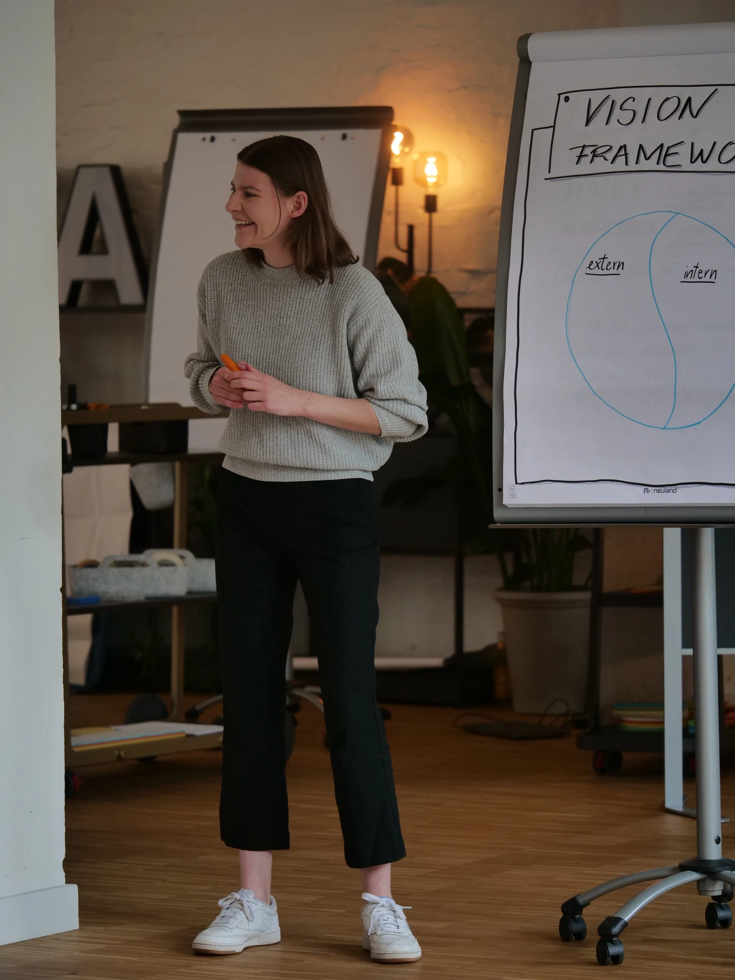 Eine junge Frau steht in einem Raum und präsentiert eine Flipchart mit einem Diagramm, das die Begriffe 'extern' und 'intern' in einem Kreis zeigt.