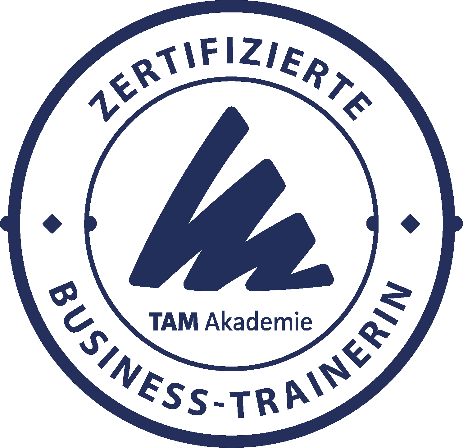 Runder Badge mit dunklem blauen Rand, darin ein Blitzsymbol und die Worte 'Zertifizierte Business-Training'. In der Mitte steht 'TAM Akademie'.