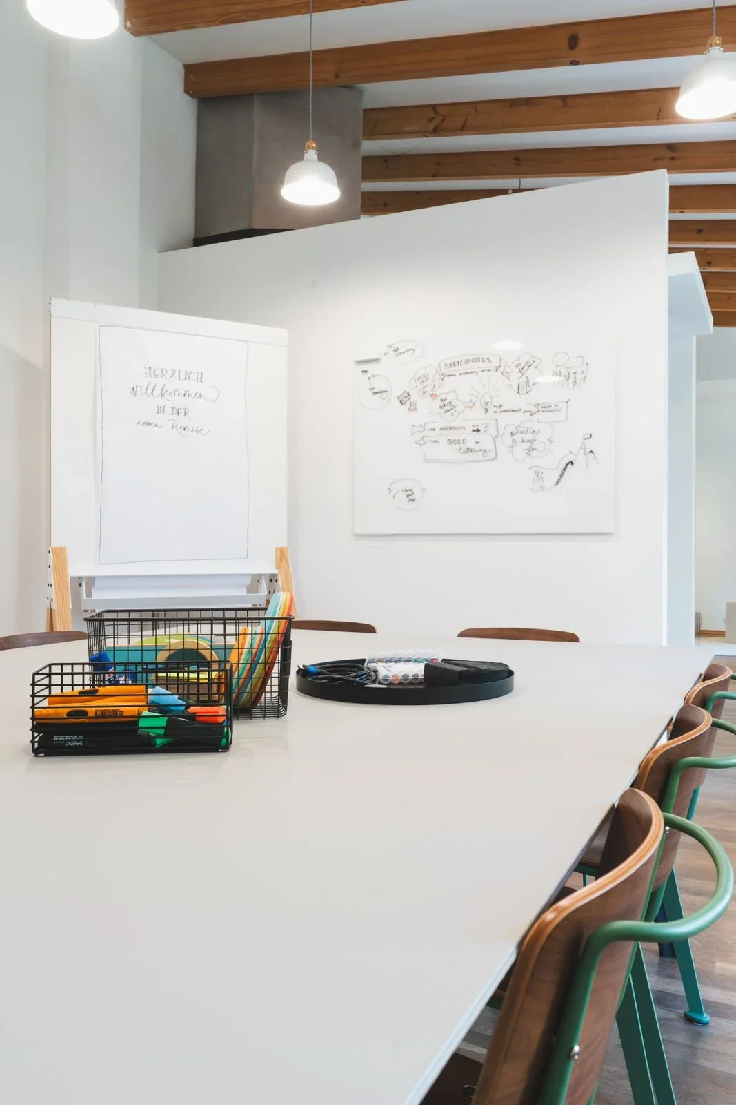 Ein Konferenzraum mit weißen Wänden und Holzbalken an der Decke. Es gibt einen großen weißen Tisch mit mehreren Stühlen und Gegenständen wie Marker, Bänder und eine schwarze Box. An der Wand sind Whiteboards mit handschriftlichen Notizen und Skizzen. Die Beleuchtung erfolgt durch Hängelampen.