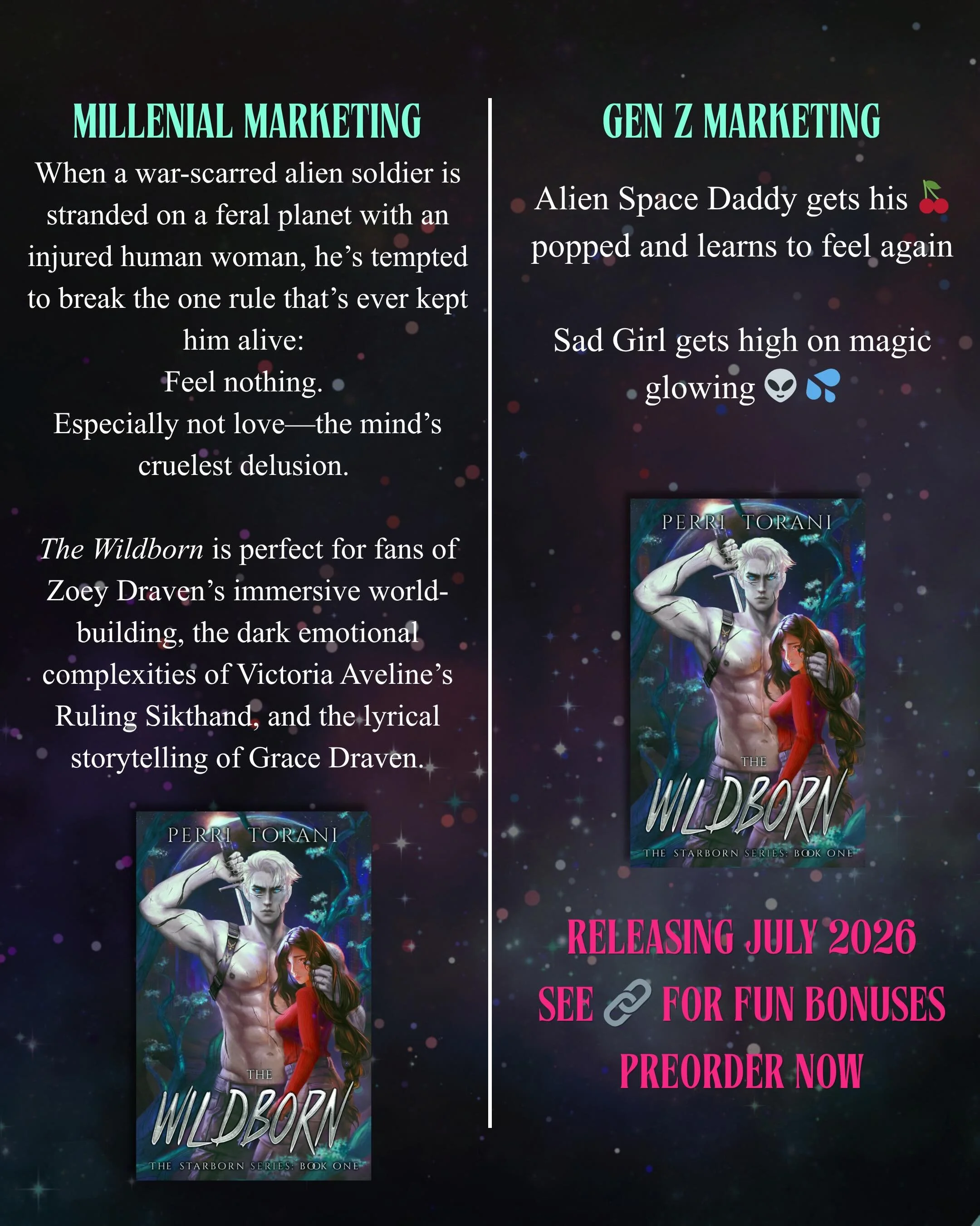 I&rsquo;m not sure I got this right, and it&rsquo;s a little late, but I will not pass up a trend. 

📖 The Wildborn by Perri Torani. A high-stakes, spicy dark sci-fi romance releasing this July. Add it to your TBR. 

Pr&eacute;/&ouml;rd&euml;r goodi