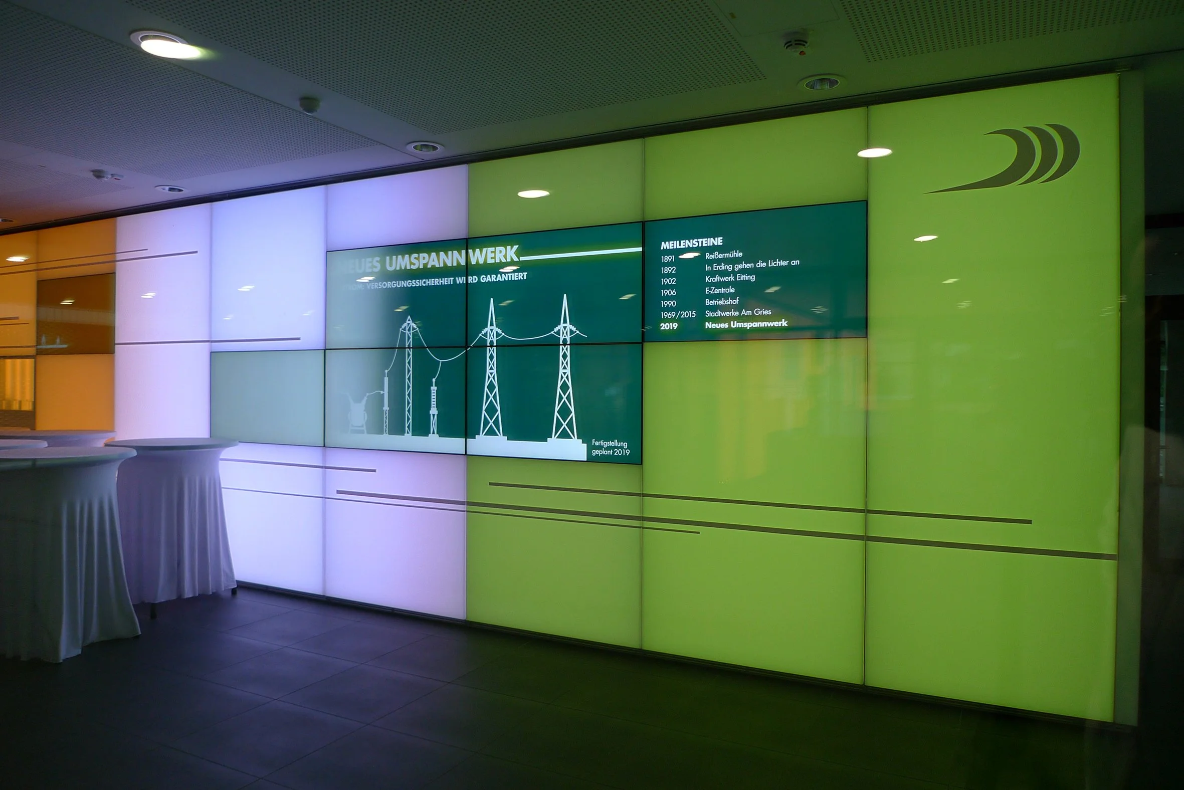 Industrie-Informationsbild mit Strommasten und einem Zeitstrahl in deutscher Sprache.