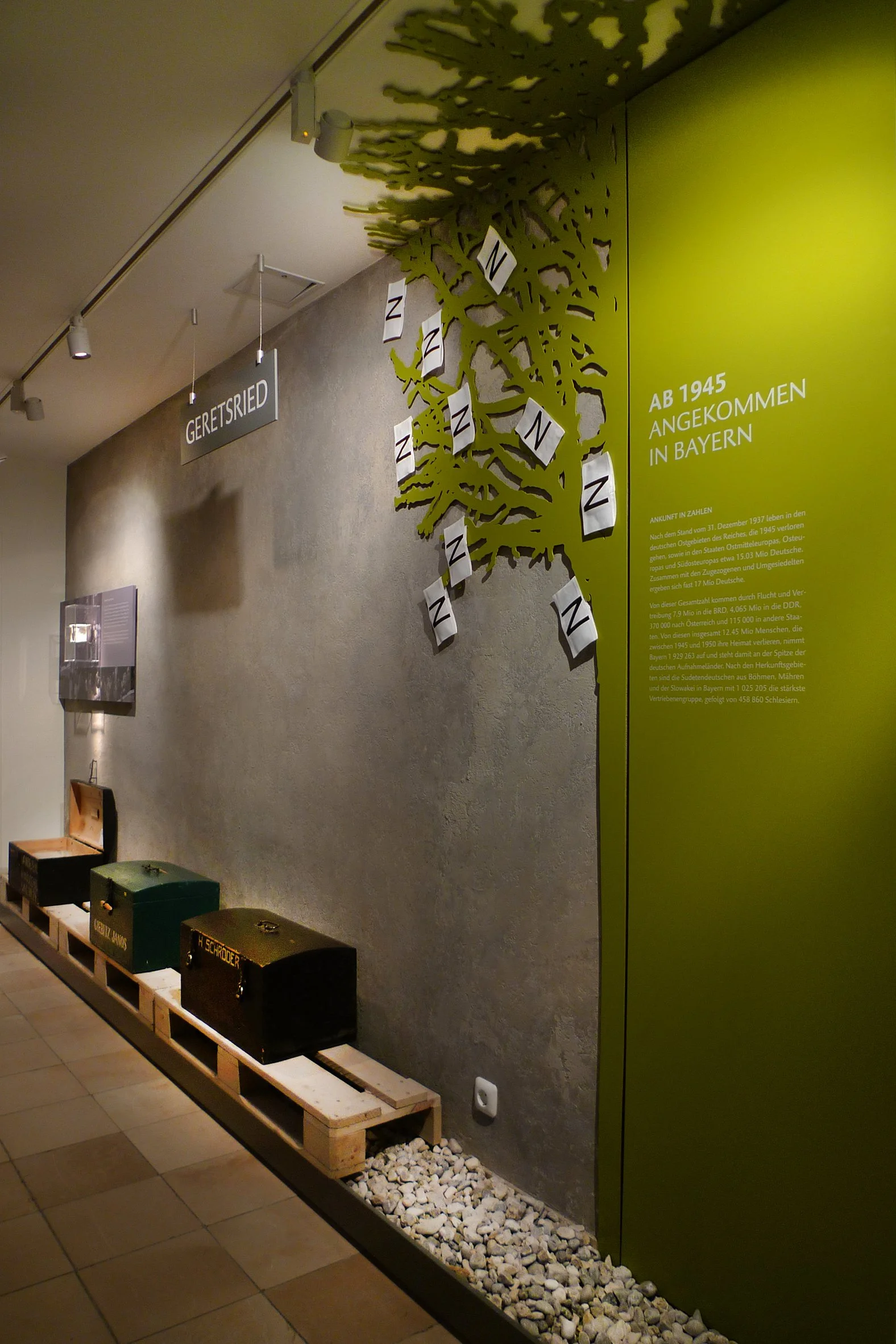 Eine Wand im Museum mit einem grünen Schild, das den Text AB 1945 ANGEKOMMEN IN BAYERN enthält. Darunter sind historische Textinformationen. Es gibt 4 Kisten auf einer Holzpalette am Boden und einen metallenen Kasten an der Wand.