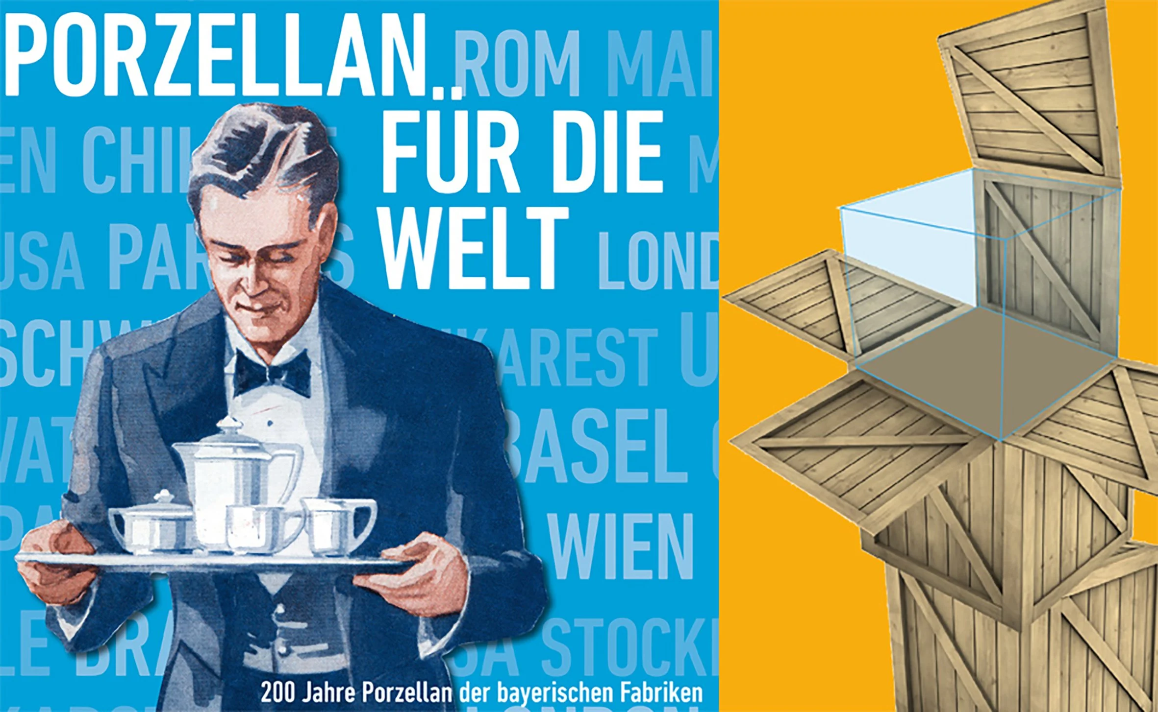 Ein Mann in Smoking hält ein Tablett mit Porzellan-Geschirr, im Hintergrund eine blaue Wand mit deutschen Städtenamen, auf der rechten Seite holzverzierte Kisten, die offen sind.