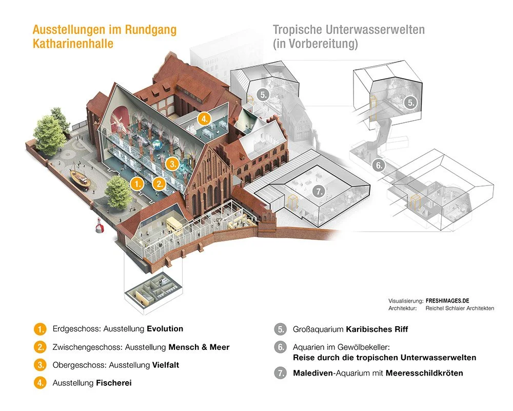 Schild mit Übersicht der Ausstellung im Katharinenhalle, inklusive Bereiche wie Evolution, Mensch & Meer, Vielfalt, Fischerei, Karibisches Riff, Tropische Unterwasserwelten und Meeres Schildkröten.