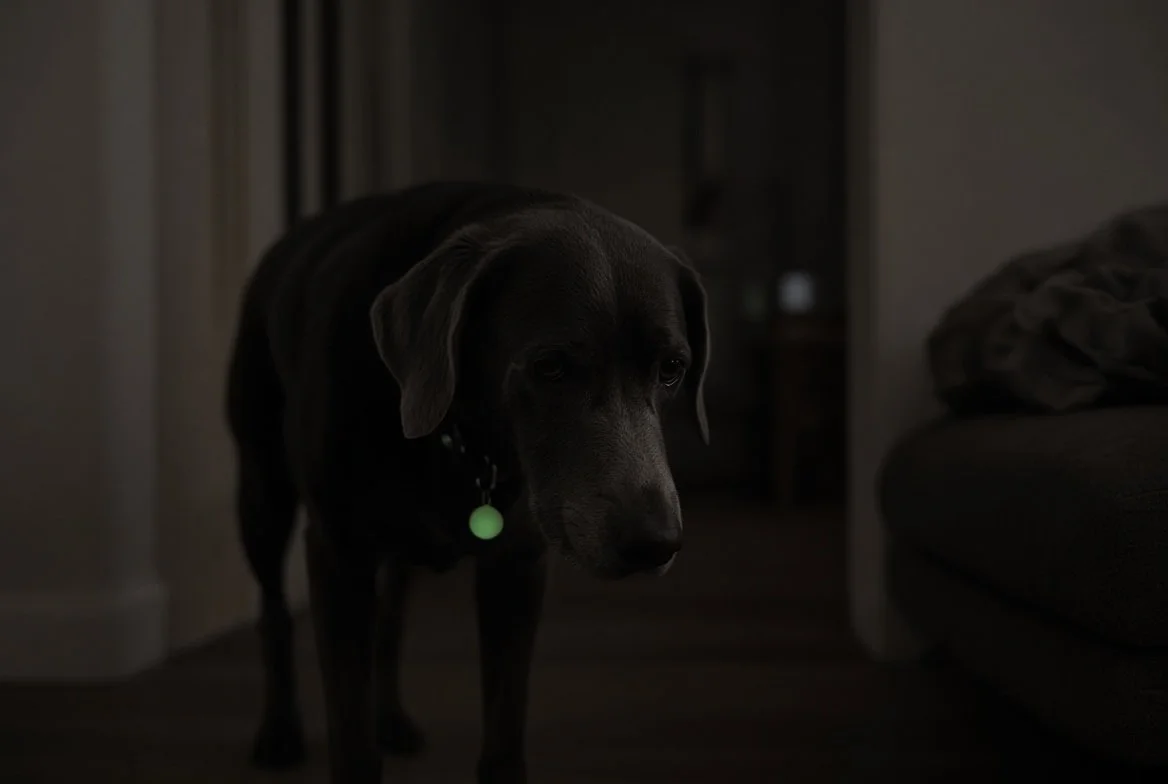 Dark dog with slumberlights dog tag.