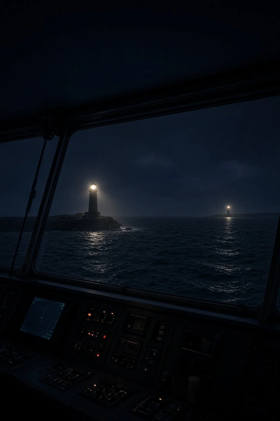 Two lighthouses at night allow for triangulation and navigation