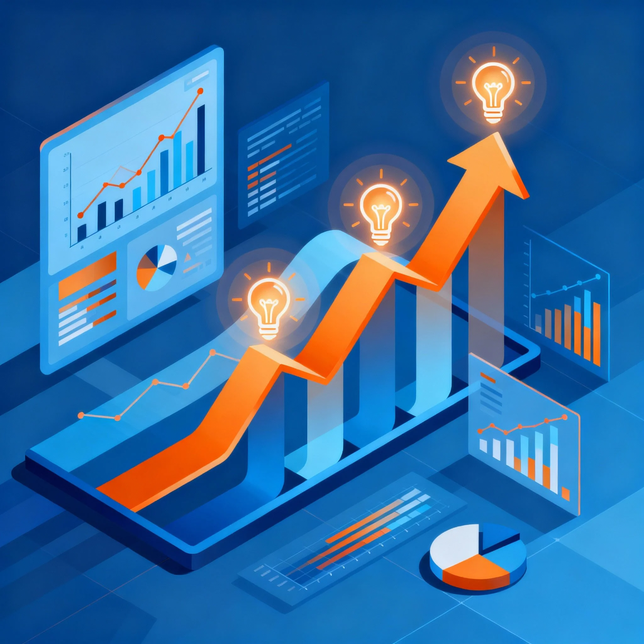 Digital illustration of growth analytics with upward arrow, bar charts, line graphs, pie chart, and lightbulb icons representing ideas and innovation.