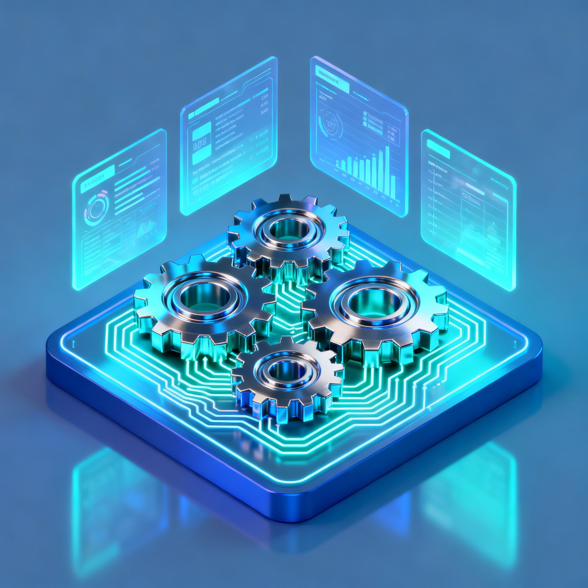 Digital illustration of interconnected gears on a high-tech platform with floating data charts and graphs in the background.
