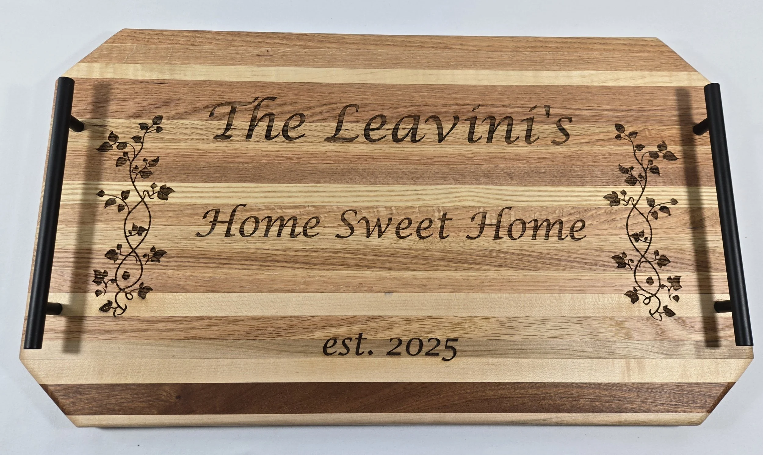 Custom etched serving tray as a housewarming gift.
