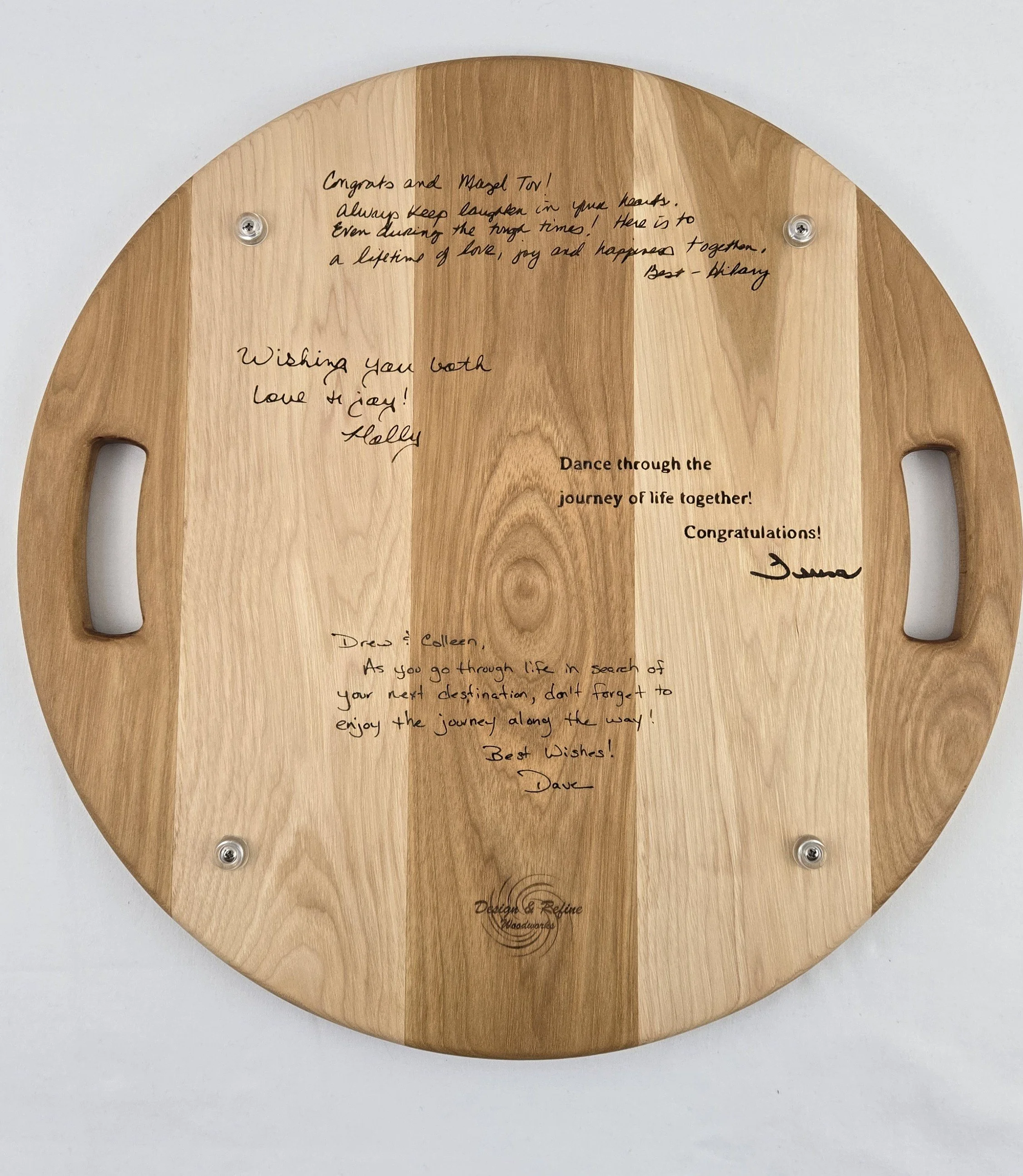 Custom etched tray for Mr/Mrs Barbee with etched hand written notes for the bride/groom (back)