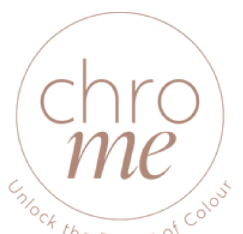 Brand logo with the words 'chro me' in stylized text, surrounded by a circular border, with the tagline 'Unlock the Power of Colour' curved around the bottom.