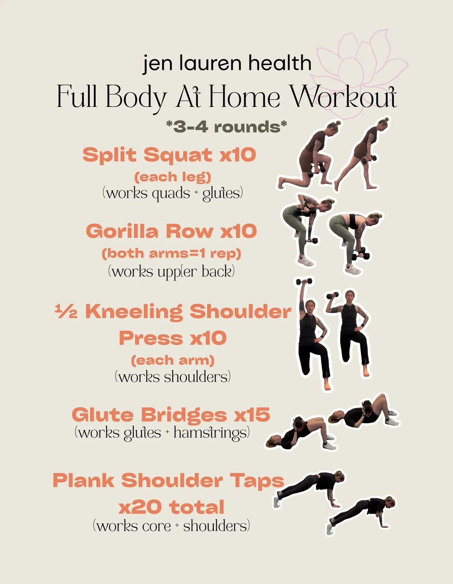 An at home (or shy girl gym) workout for you👏🏼! 
 
Complete each exercise once, then move to the next exercise, then the next, etc. repeat for 3-4 rounds! Rest 1 minute in between exercises, rest 1-2 minutes between rounds! 🔥

Perfect for beginner