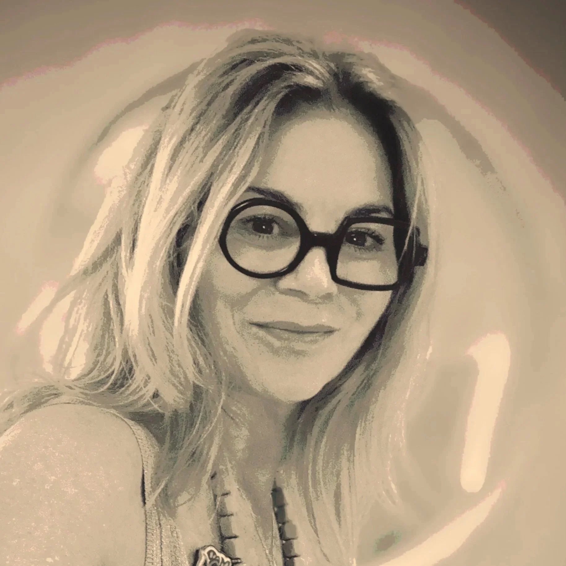 A detailed pencil sketch of a woman with glasses and long hair, smiling subtly, looking directly at the camera.
