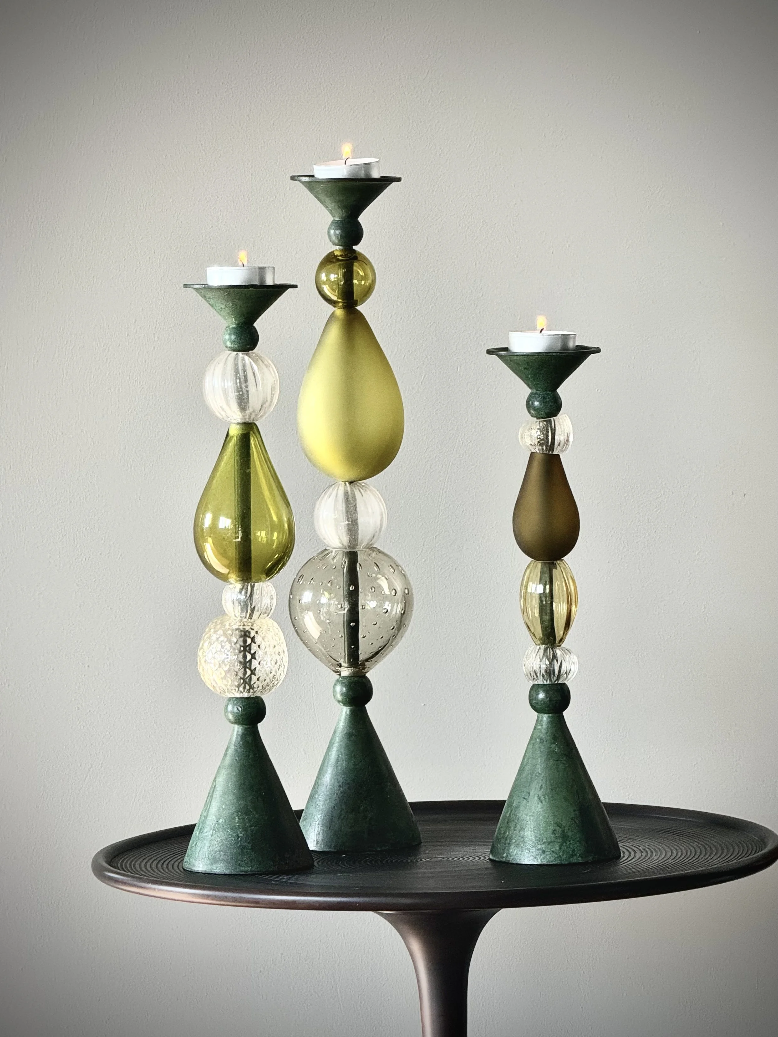 Atelier study, bespoke creation, Murano glass candleholders trio by Gianna Alberi
