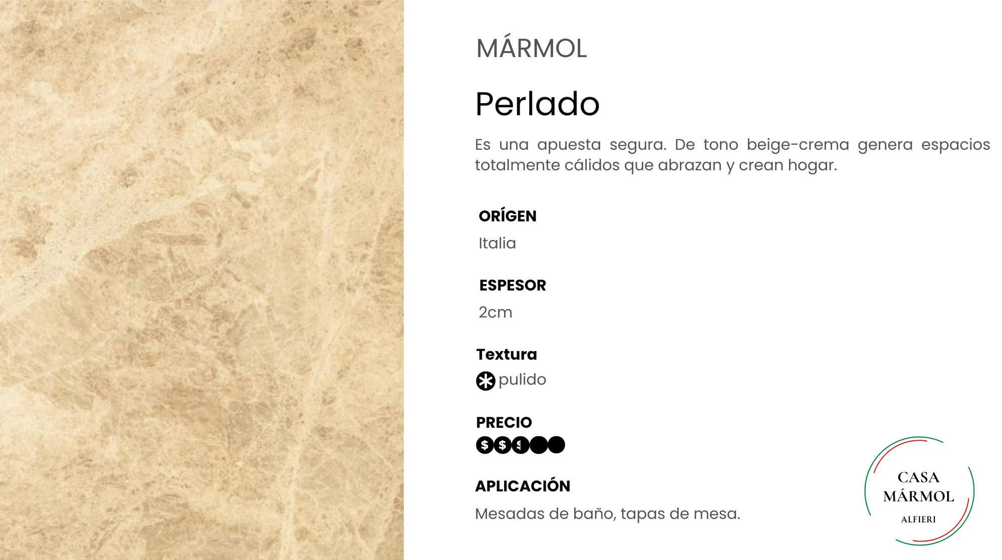 Ficha técnica de mármol perlado color beige-crema, con características de origen en Italia, espesor de 2 cm, textura pulida, precio con símbolos de dólares, y aplicaciones para mesadas de baño y tapas de mesa. En la esquina inferior derecha, logotipo