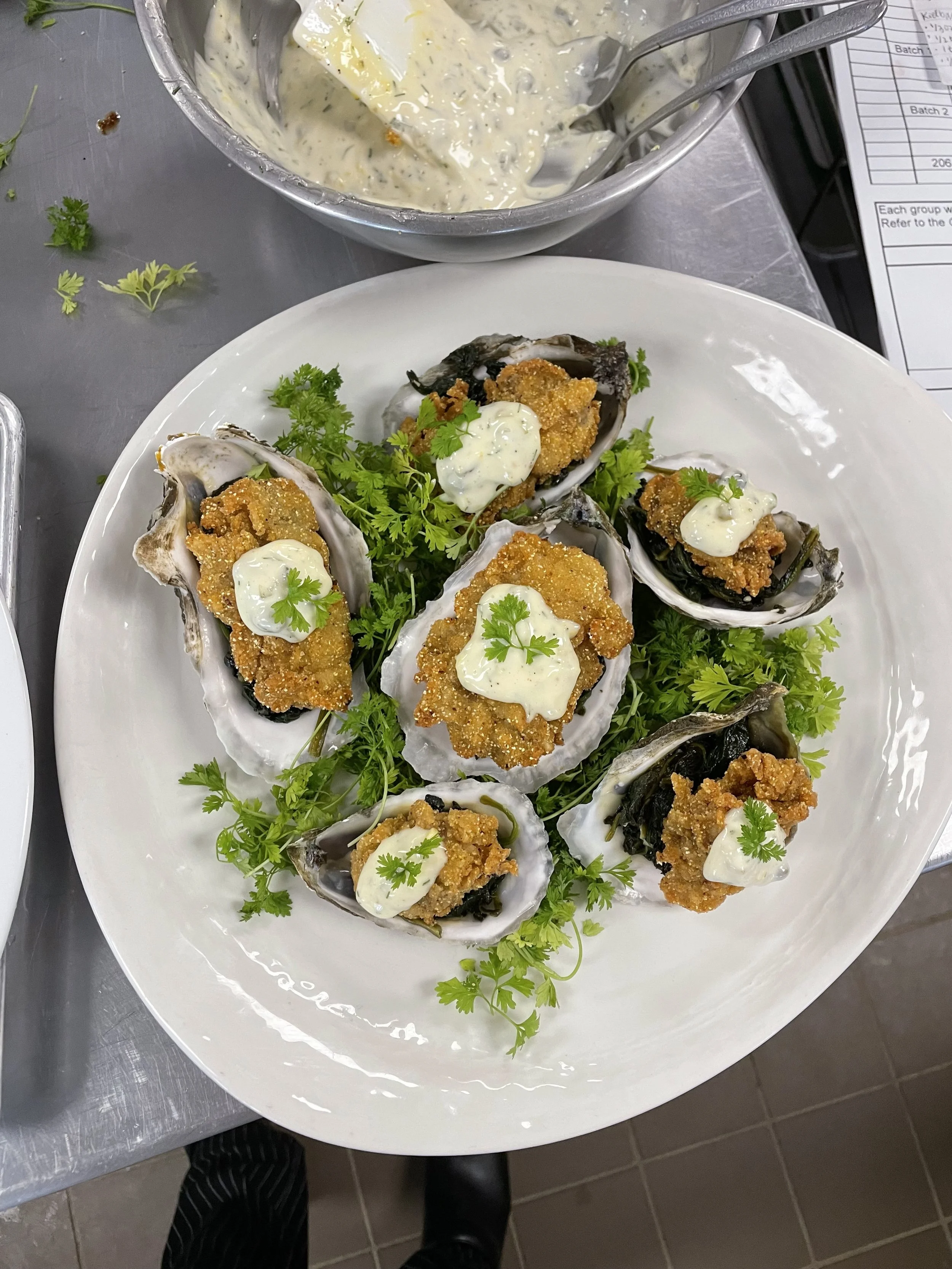 Fried oysters prepared by Boston-based private chef for events.