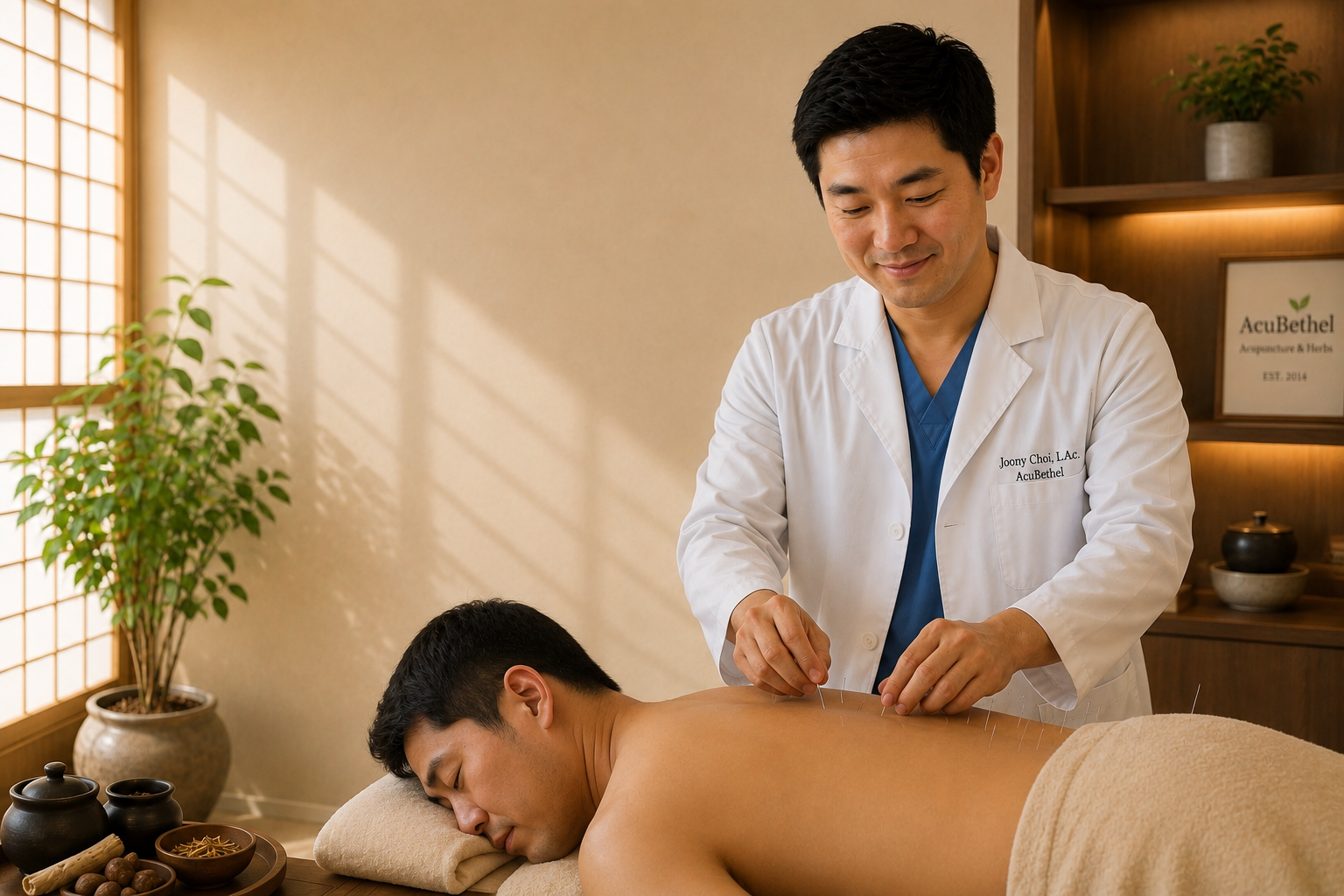 An acupuncturist performing acupuncture on a male patient lying face down on a massage table in a wellness clinic