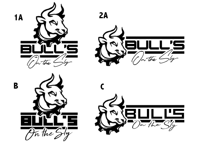 four renderings of the bulls on the sly logo exploring a variety of bull head placement, text placement, and font selection options.