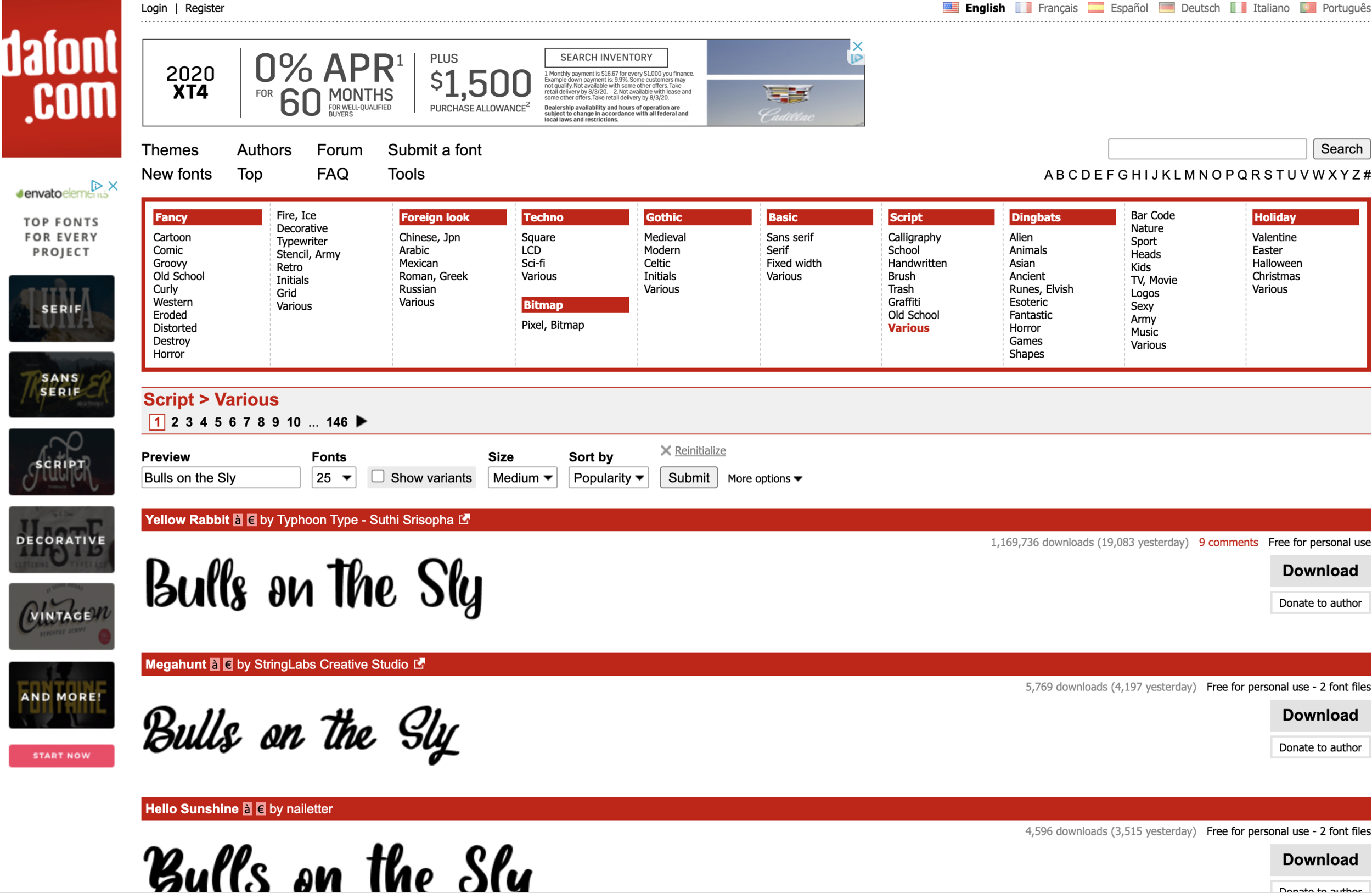 screenshot of dafont.com showing a variety of fonts rendering the text "Bulls on the sly"