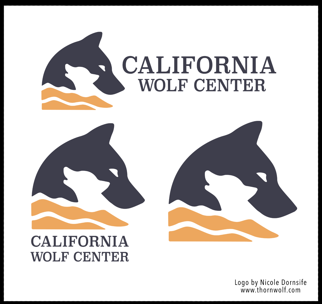 Logo variations for the California Wolf Center which consist of wolf silhouettes atop abstract mountain silhouettes