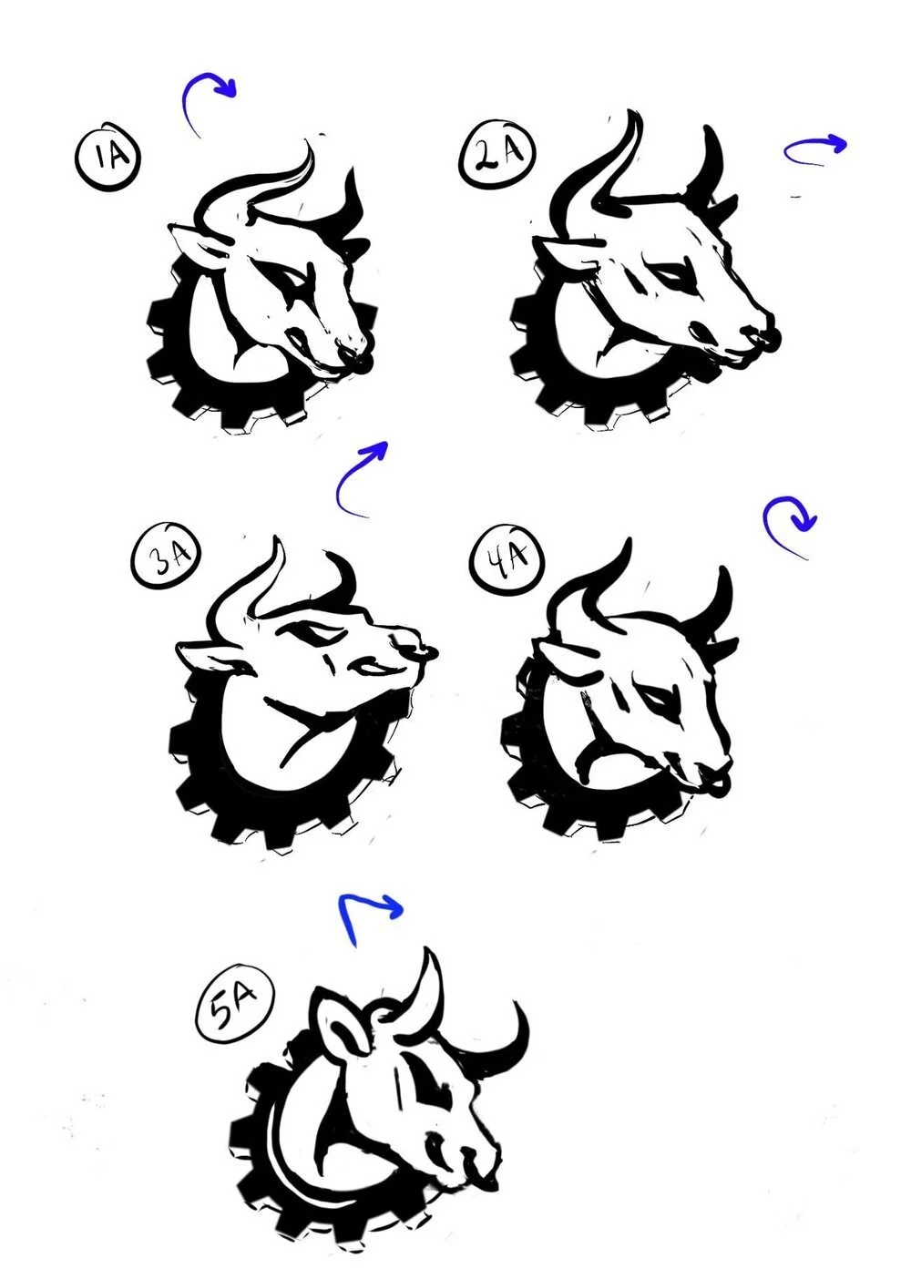 5 sketches of bull heads encircled by a gear shape looking in various directions