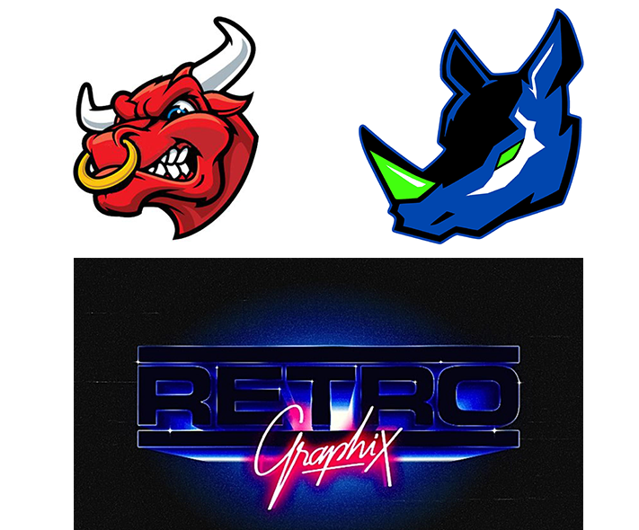 Upper left - toony style illustration of a red bull with gold nose ring. Upper right - stylized futuristic looking blue rhino with green horn. Below a vaporwave style logo that states "RETRO Graphix"