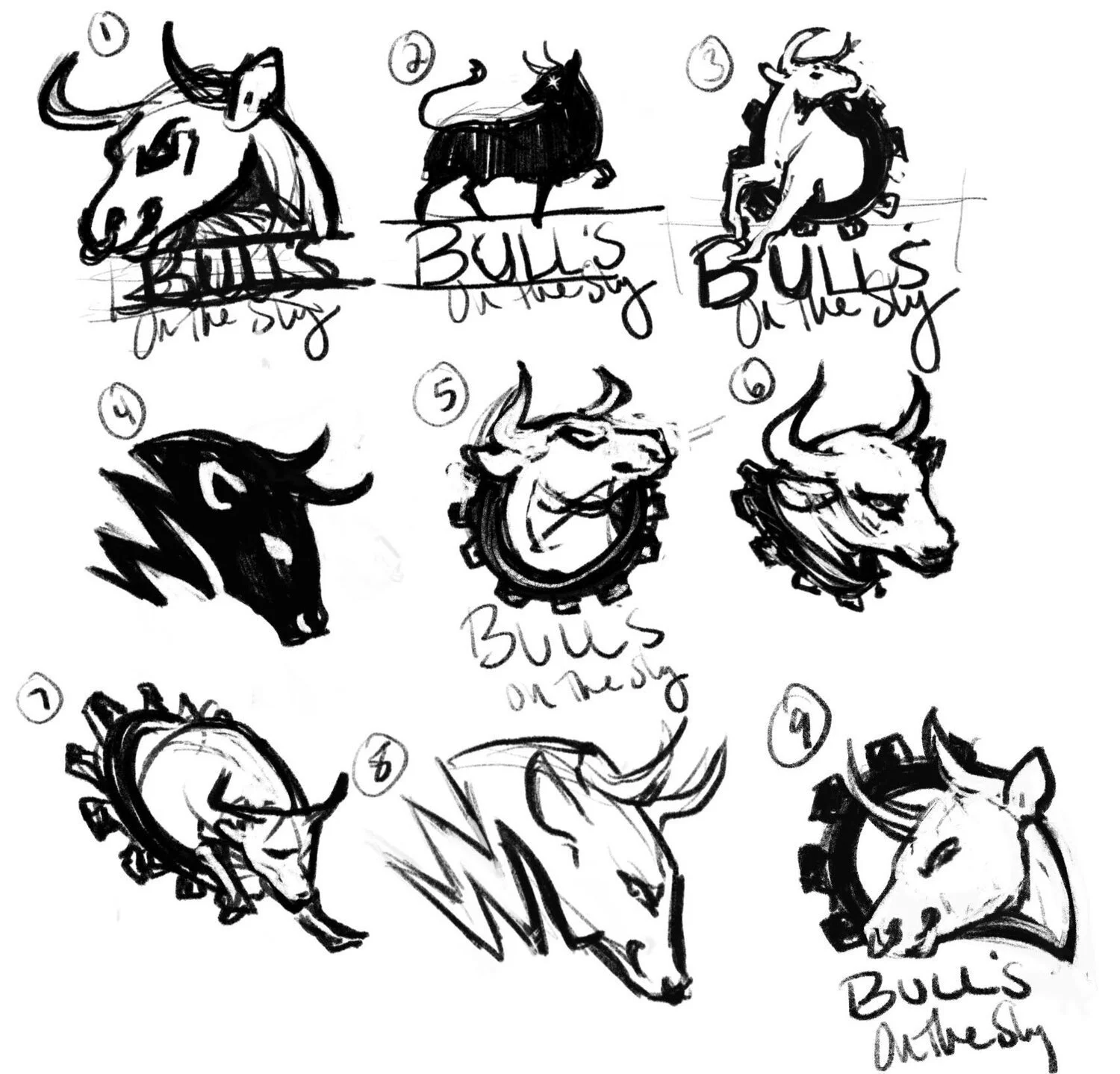 Nine rough sketches of bulls in a variety of styles.
