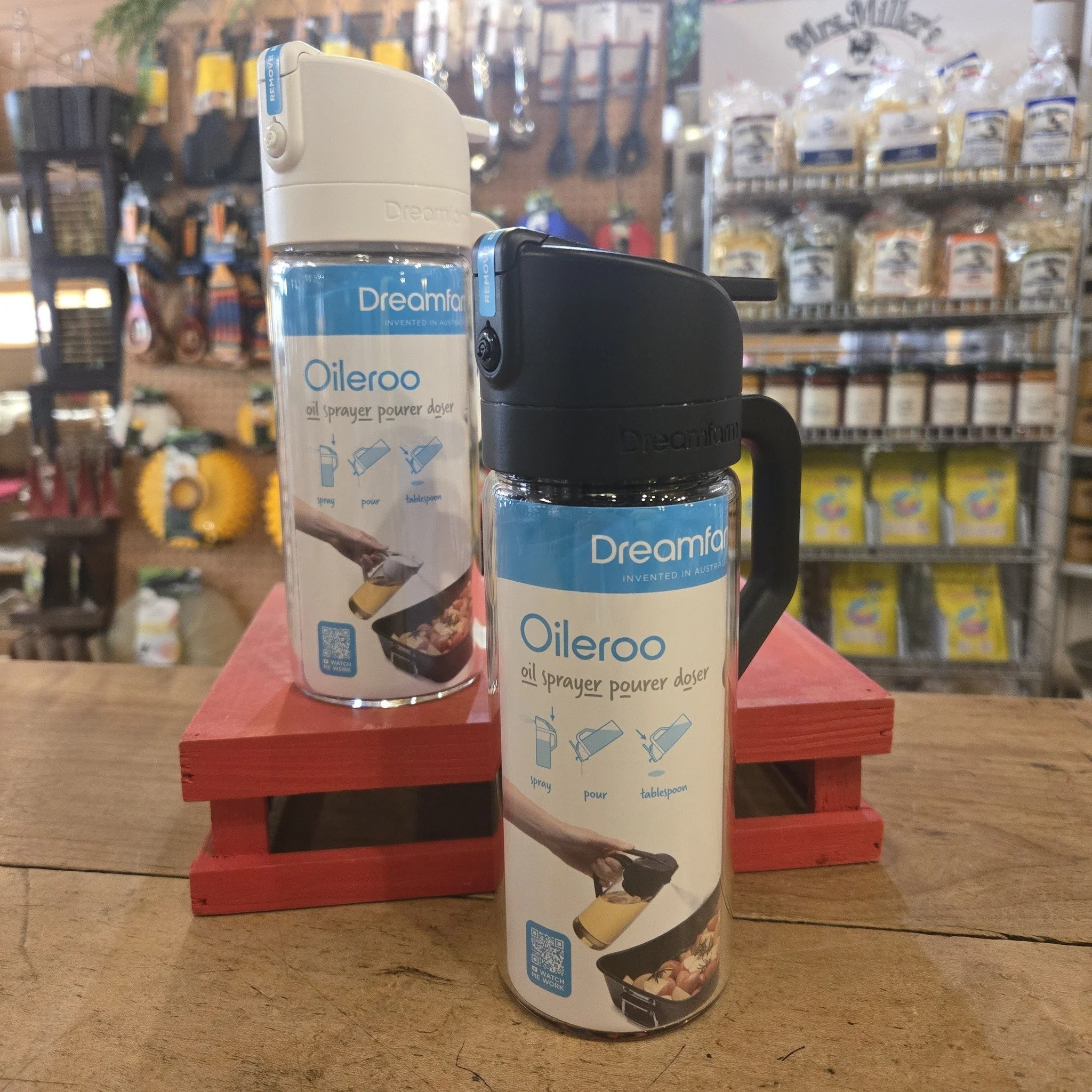 New item! Oileroo, it sprays, pours, and measures olive oil. Perfect for air fryers, bread bakers, and health conscious. Love it!